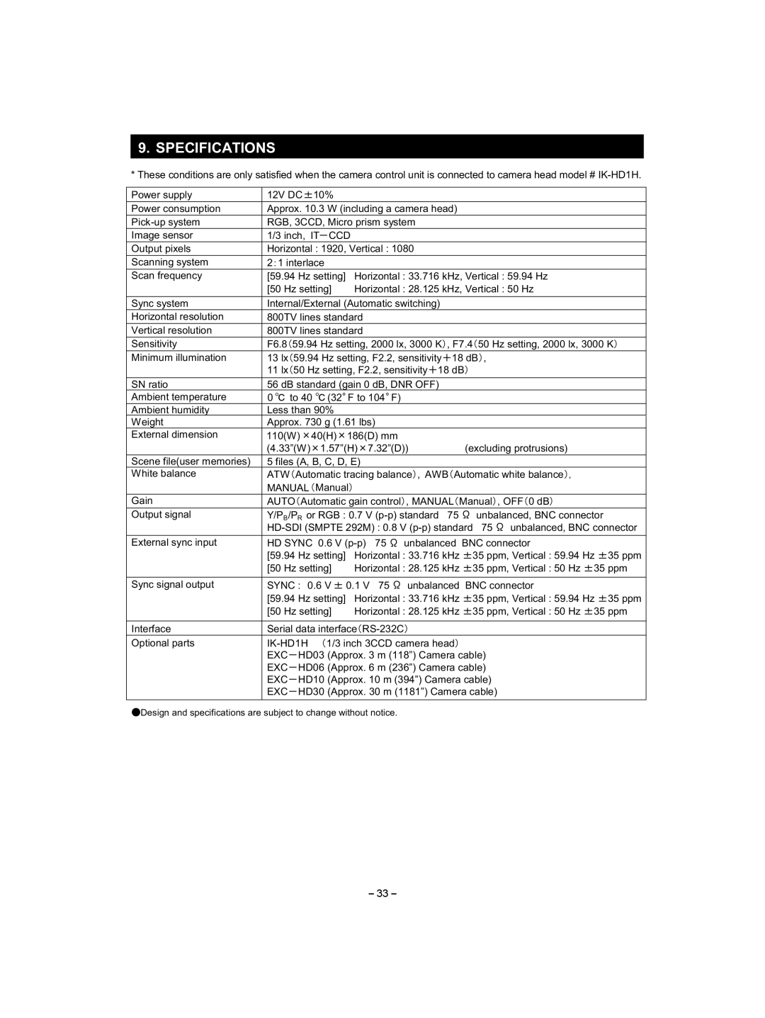 Toshiba IK-HD1E instruction manual Specifications, Ccd, Sync, Exc 