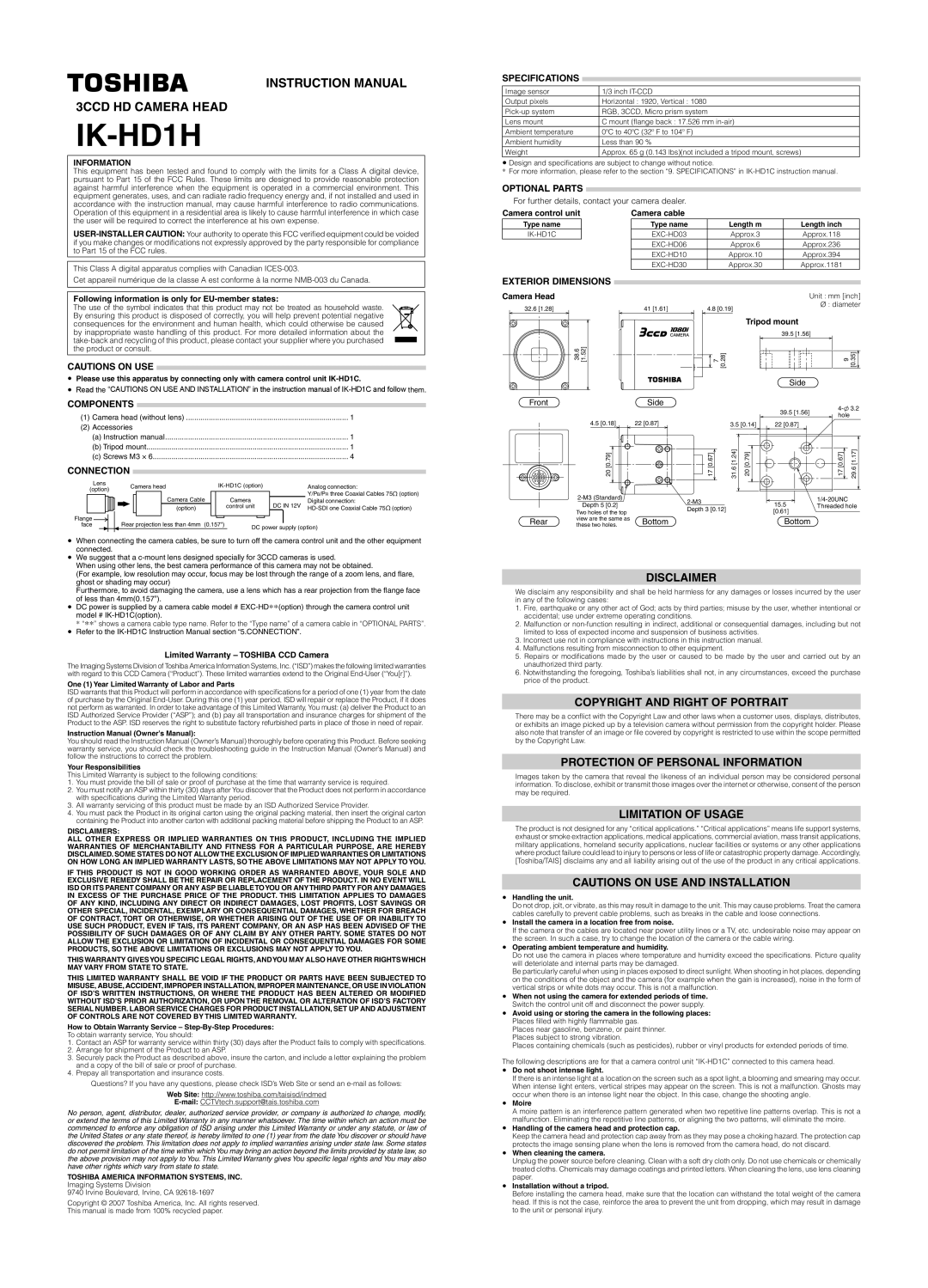 Toshiba IK-HD1H specifications Disclaimer, Copyright and Right of Portrait, Protection of Personal Information 