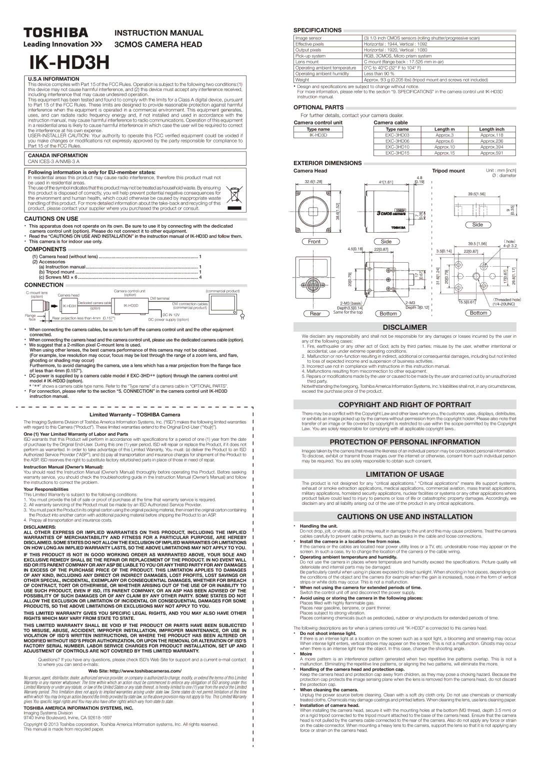 Toshiba IK-HD3H instruction manual Disclaimer, Copyright and Right of Portrait, Protection of Personal Information 