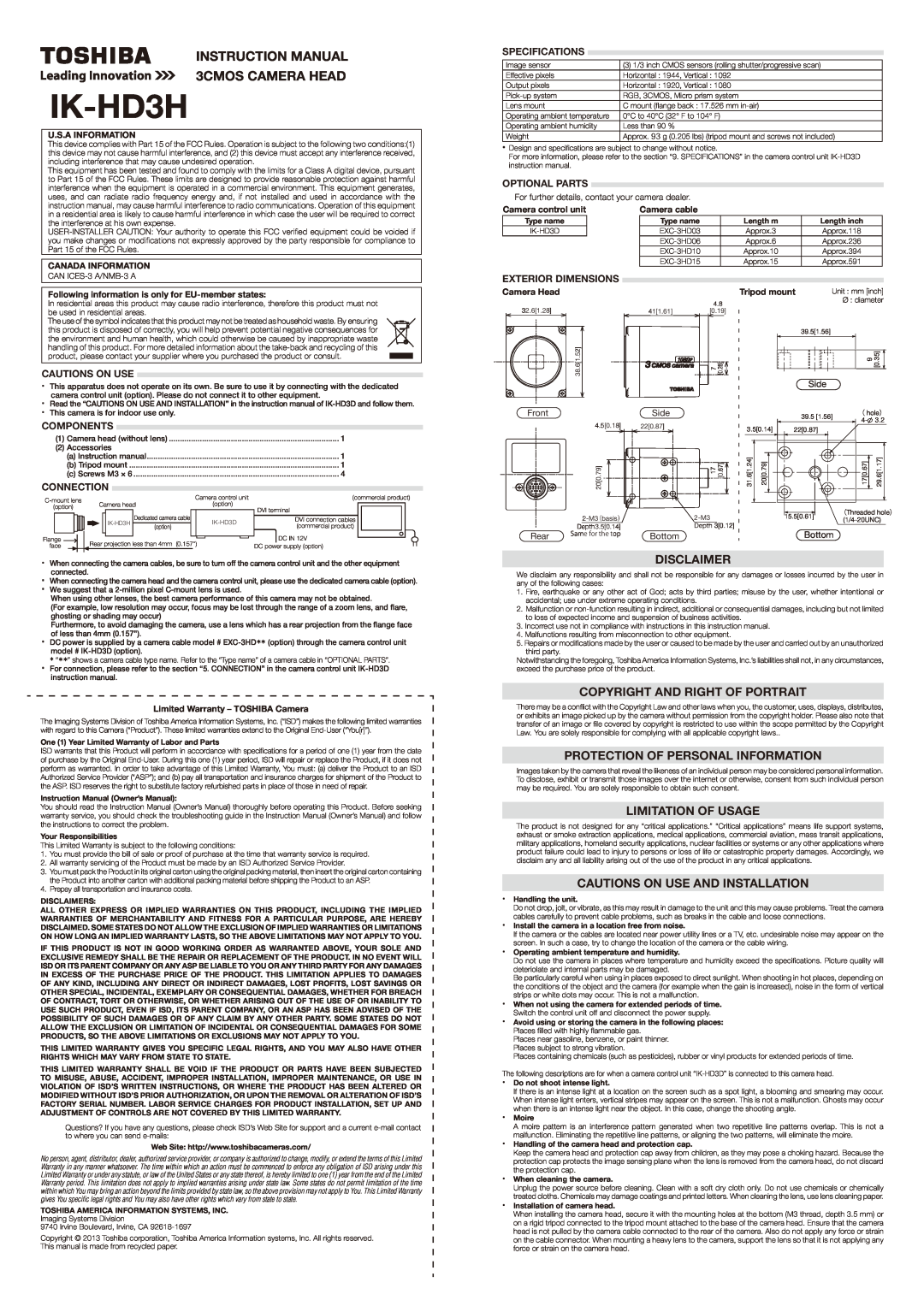 Toshiba IK-HD3H instruction manual Disclaimer, Copyright And Right Of Portrait, Protection Of Personal Information, Front 