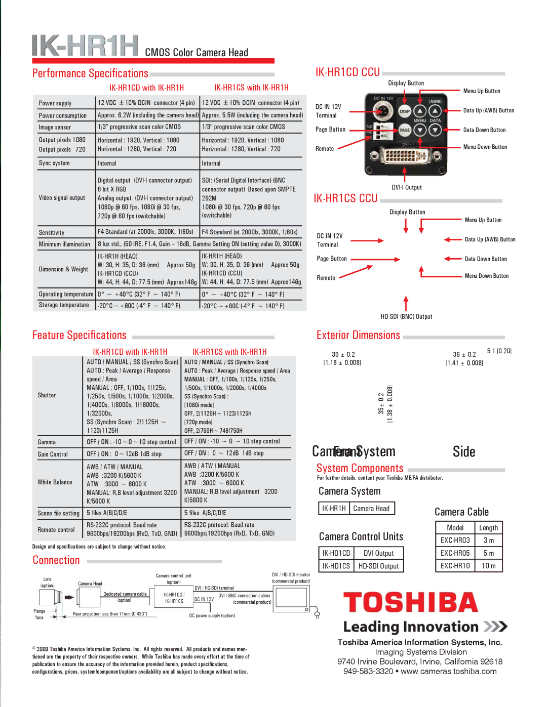 Toshiba IK-HR1H manual Performance Speciﬁcations, System Components, Connection 