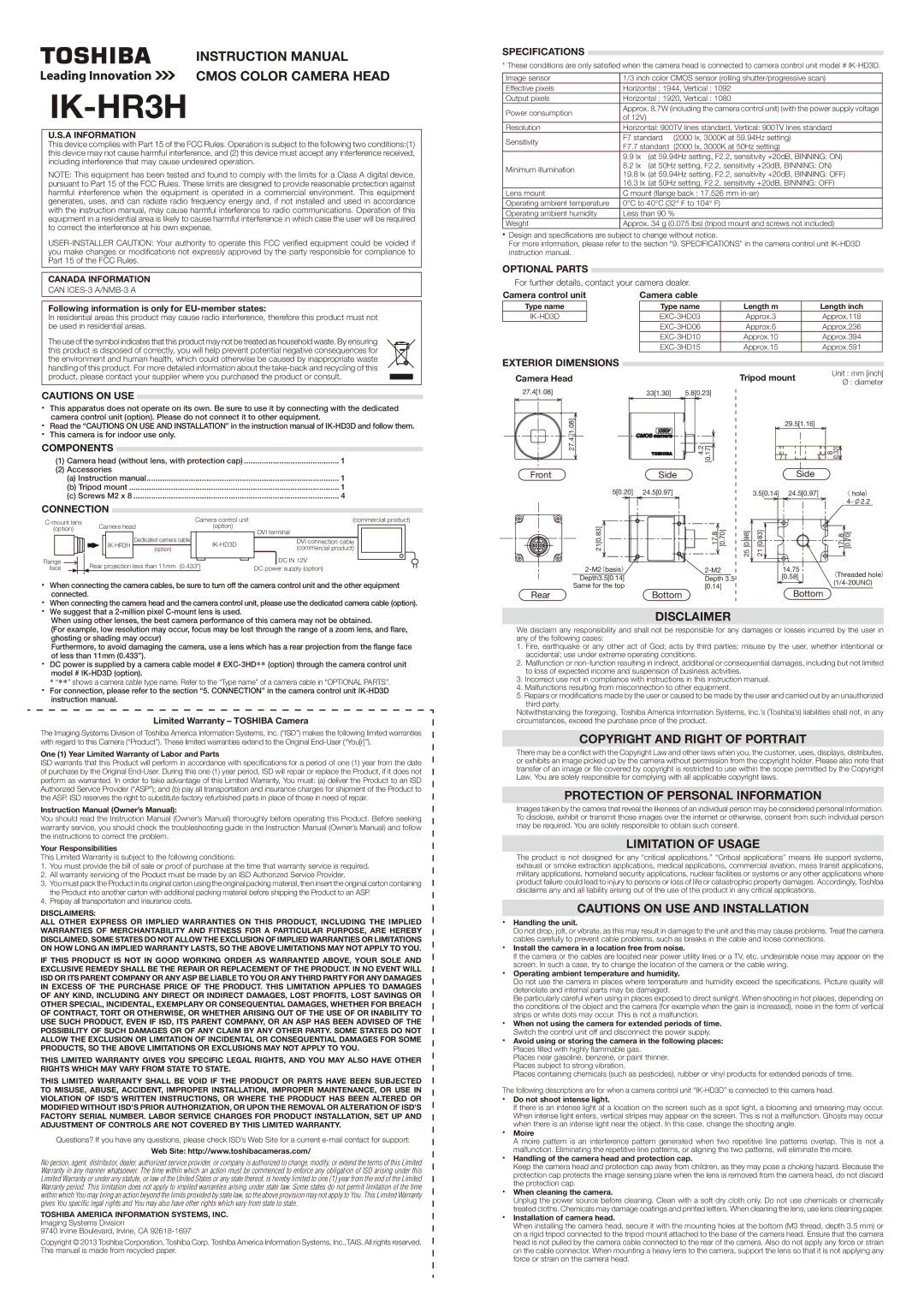 Toshiba IK-HR3H instruction manual Disclaimer, Copyright and Right of Portrait, Protection of Personal Information 