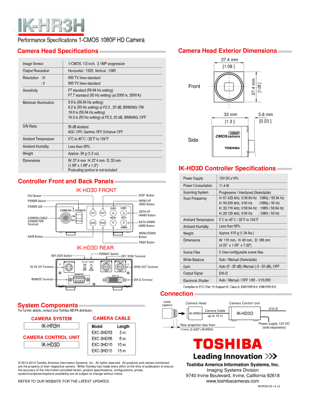 Toshiba IK-HR3H manual Camera Head Specifications, Controller Front and Back Panels, IK-HD3D Controller Specifications 