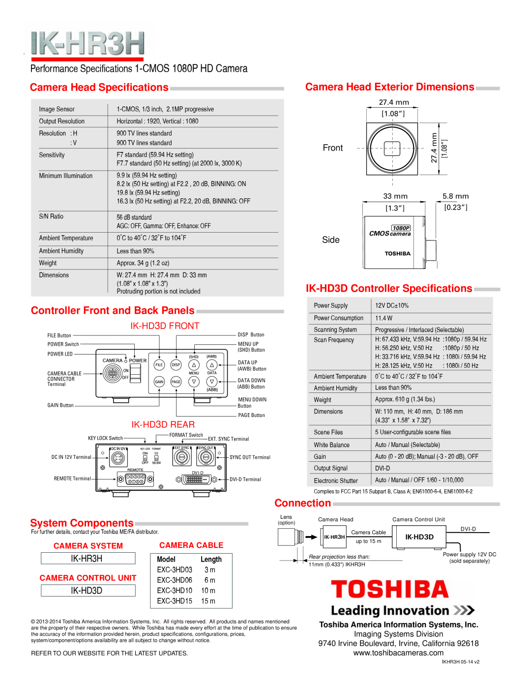 Toshiba IK-HR3H Performance Specifications 1-CMOS 1080P HD Camera, Camera Head Specifications, Connection, IK-HD3D, Front 