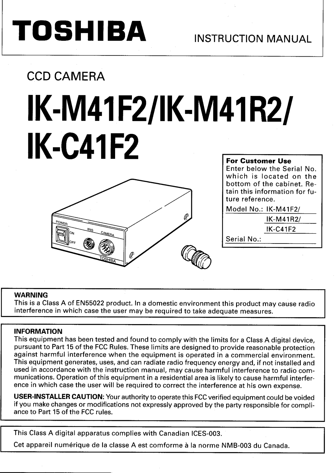 Toshiba IK-M41F2, IK-M41R2, IK-C41R2 manual 