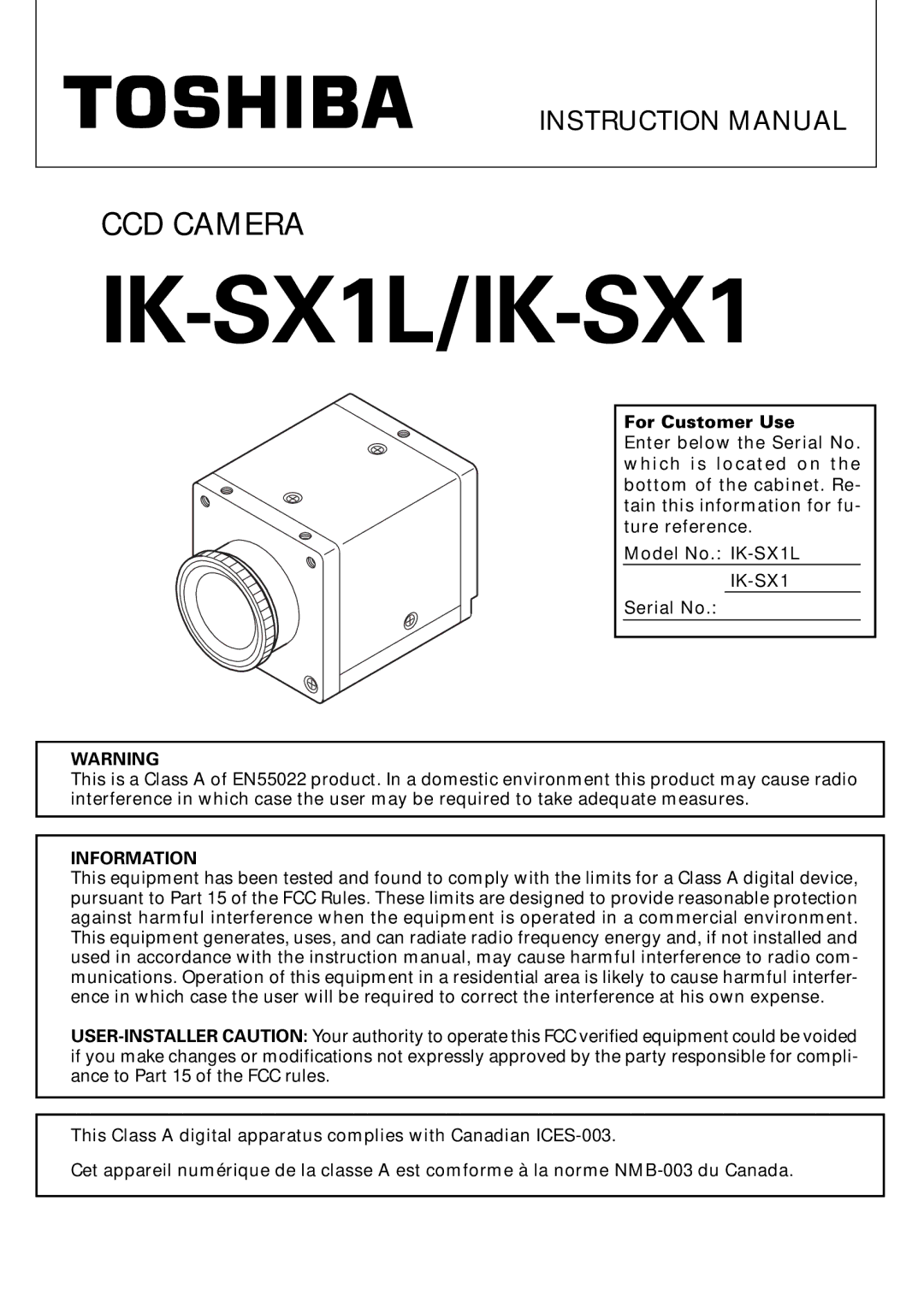 Toshiba instruction manual IK-SX1L/IK-SX1, For Customer Use 