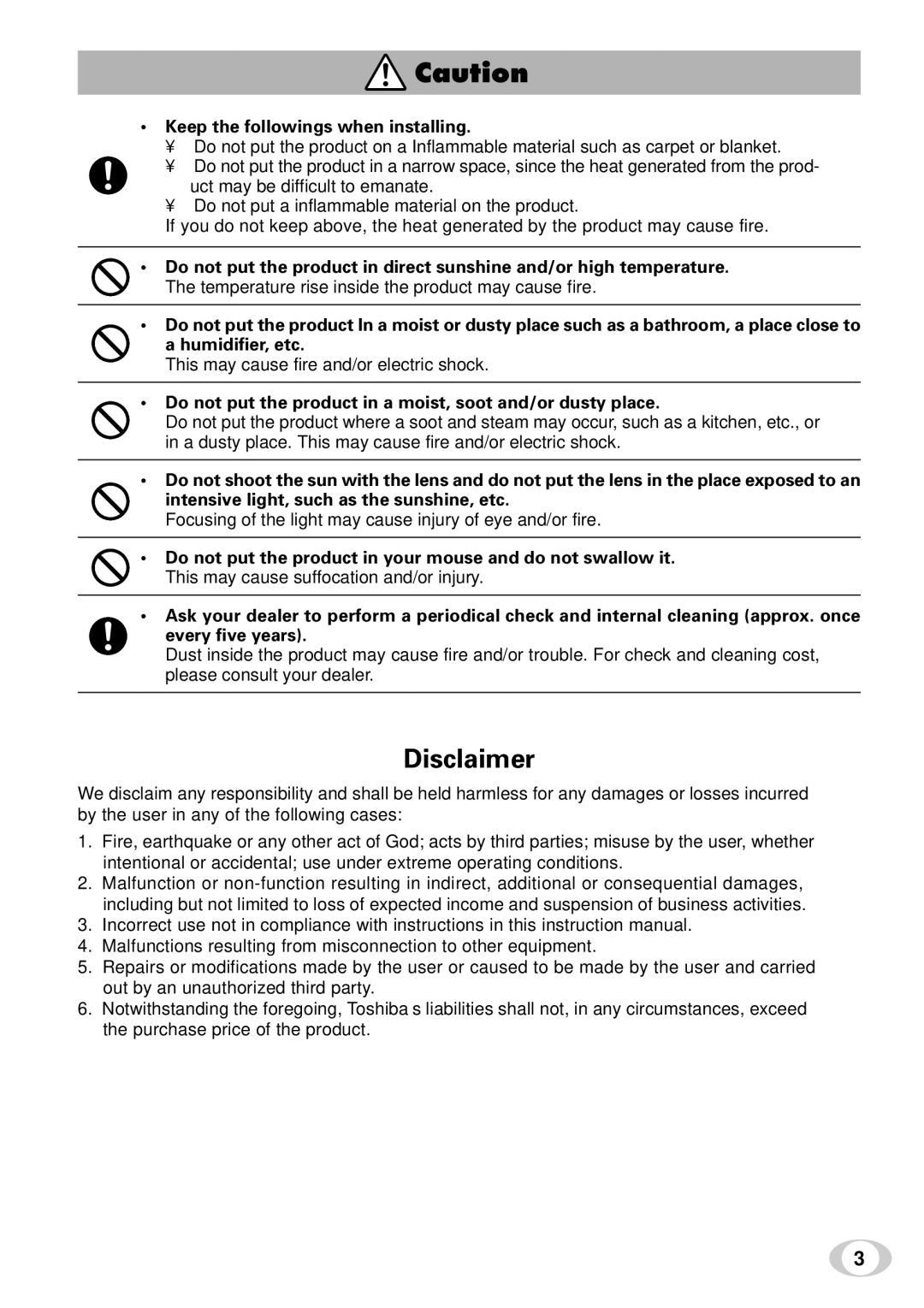 Toshiba IK-SX1L instruction manual Keep the followings when installing, Humidifier, etc 