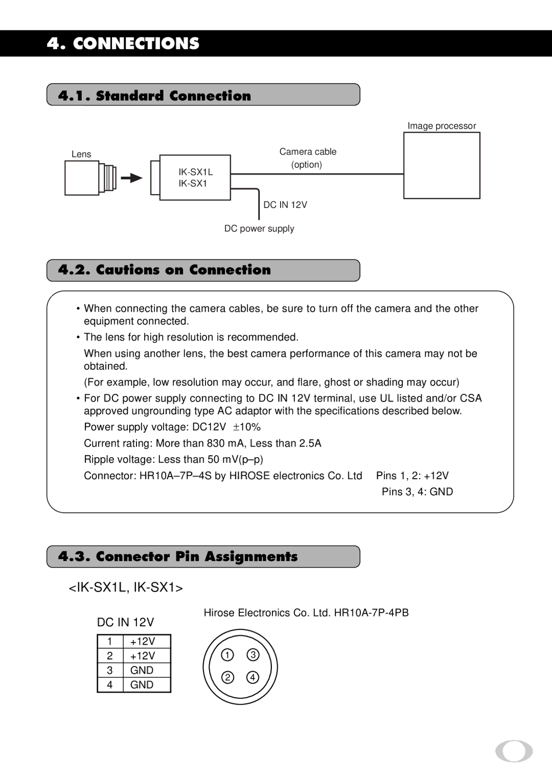 Toshiba IK-SX1L instruction manual Standard Connection, Connector Pin Assignments 