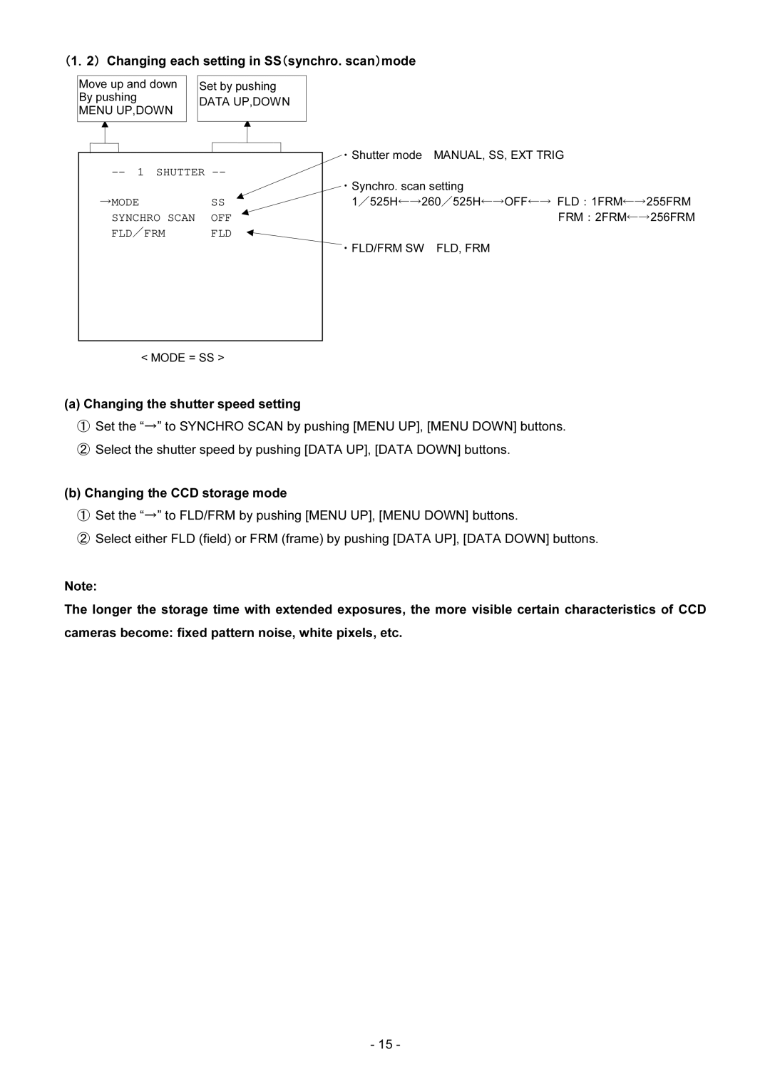 Toshiba IK-TF2 instruction manual Changing each setting in SSsynchro. scanmode, Modess Synchro Scan OFF Fldfrm FLD 