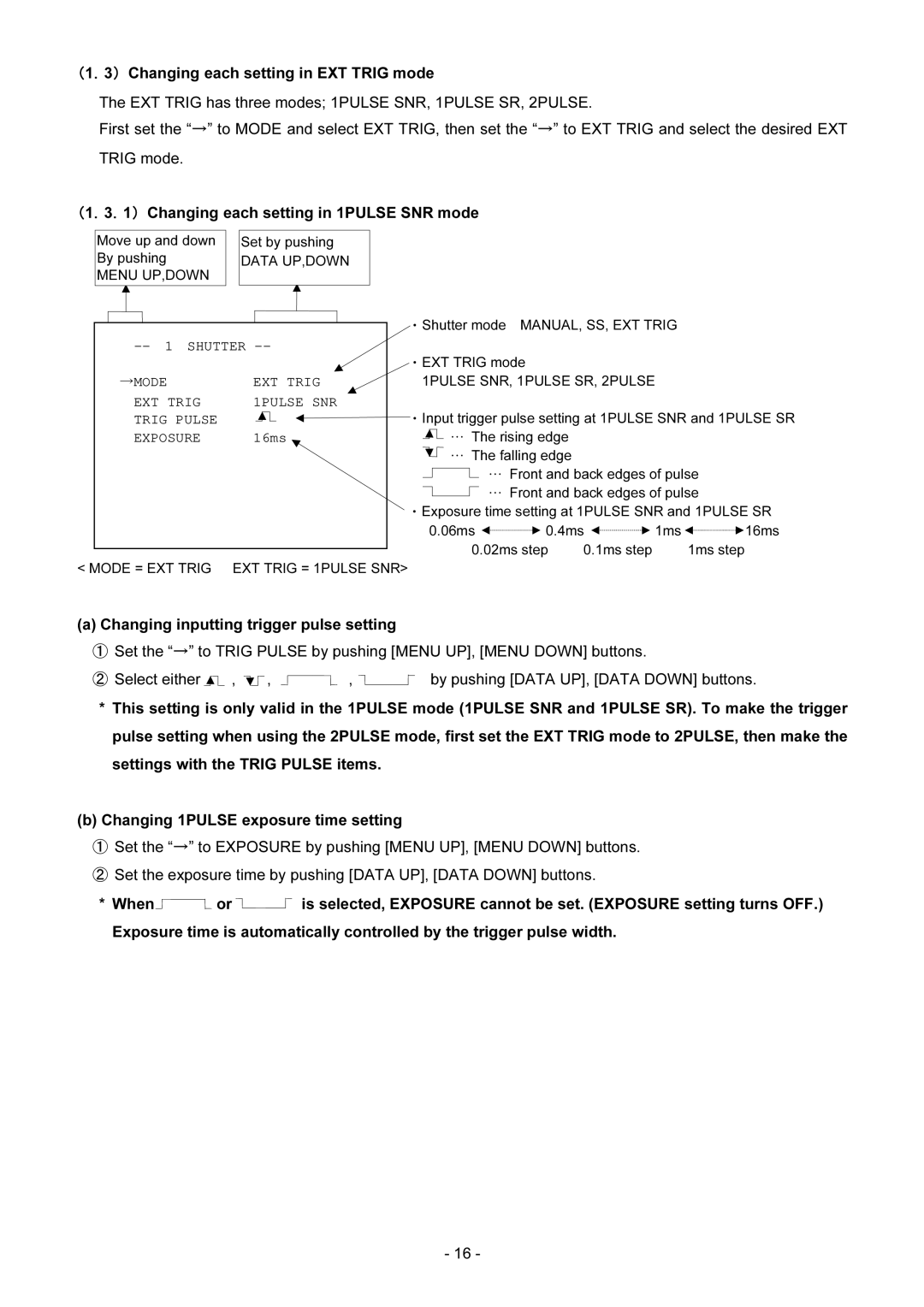 Toshiba IK-TF2 instruction manual Mode EXT Trig 1PULSE SNR Trig Pulse Exposure, 16ms 