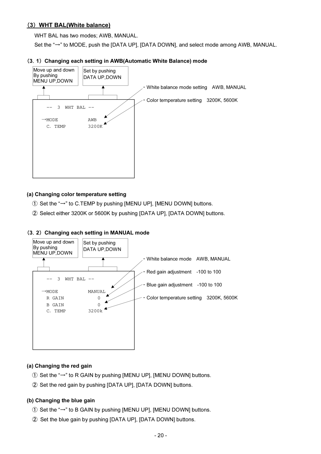 Toshiba IK-TF2 instruction manual WHT BALWhite balance, Modeawb, Mode Manual Gain, Gain Temp 