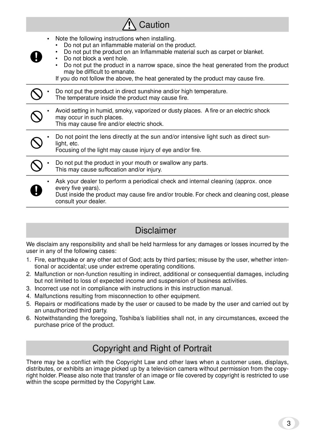 Toshiba IK-TF2 instruction manual Disclaimer 