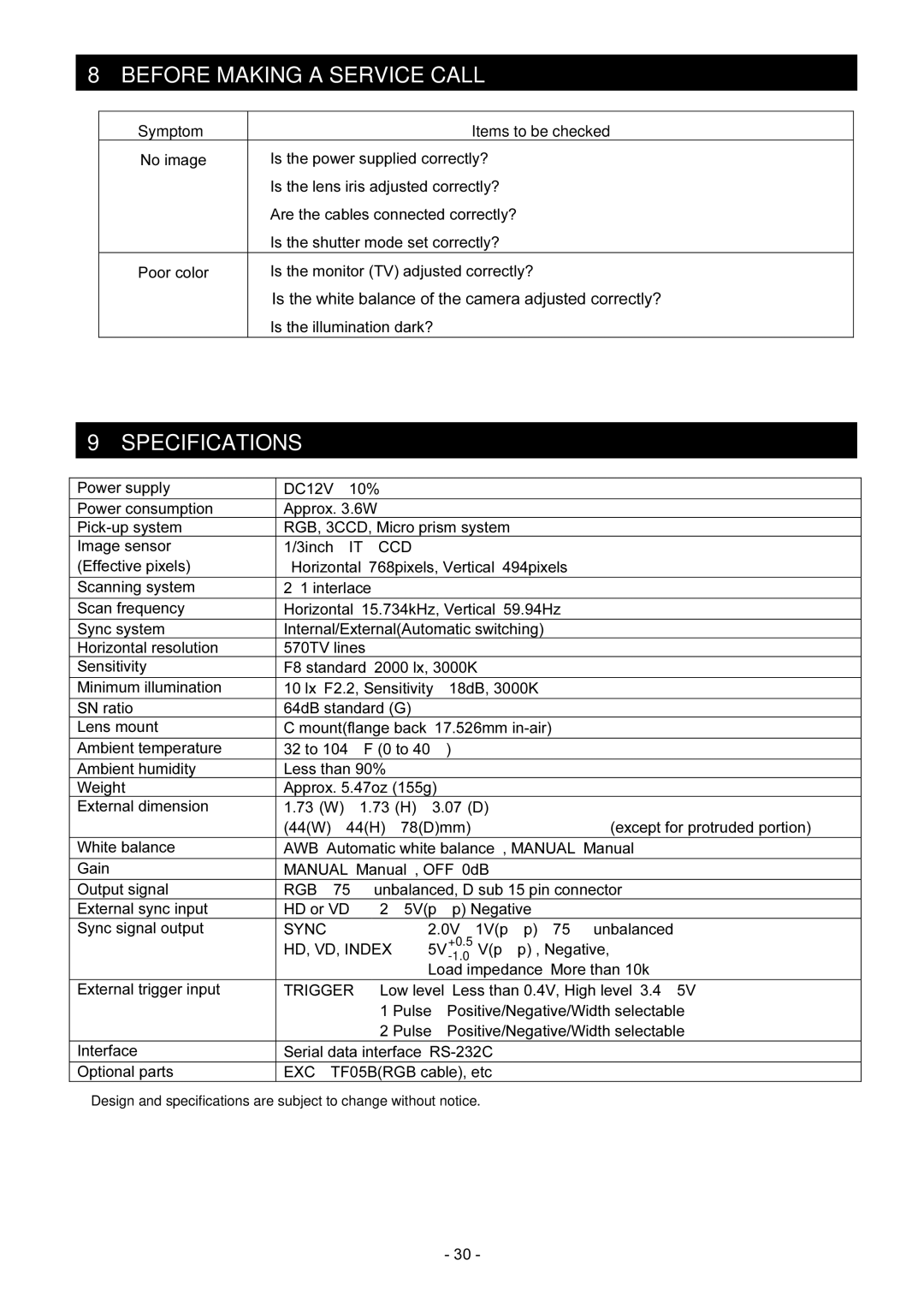 Toshiba IK-TF2 instruction manual 8BEFORE Making a Service Call, 9SPECIFICATIONS, HD, VD, Index 