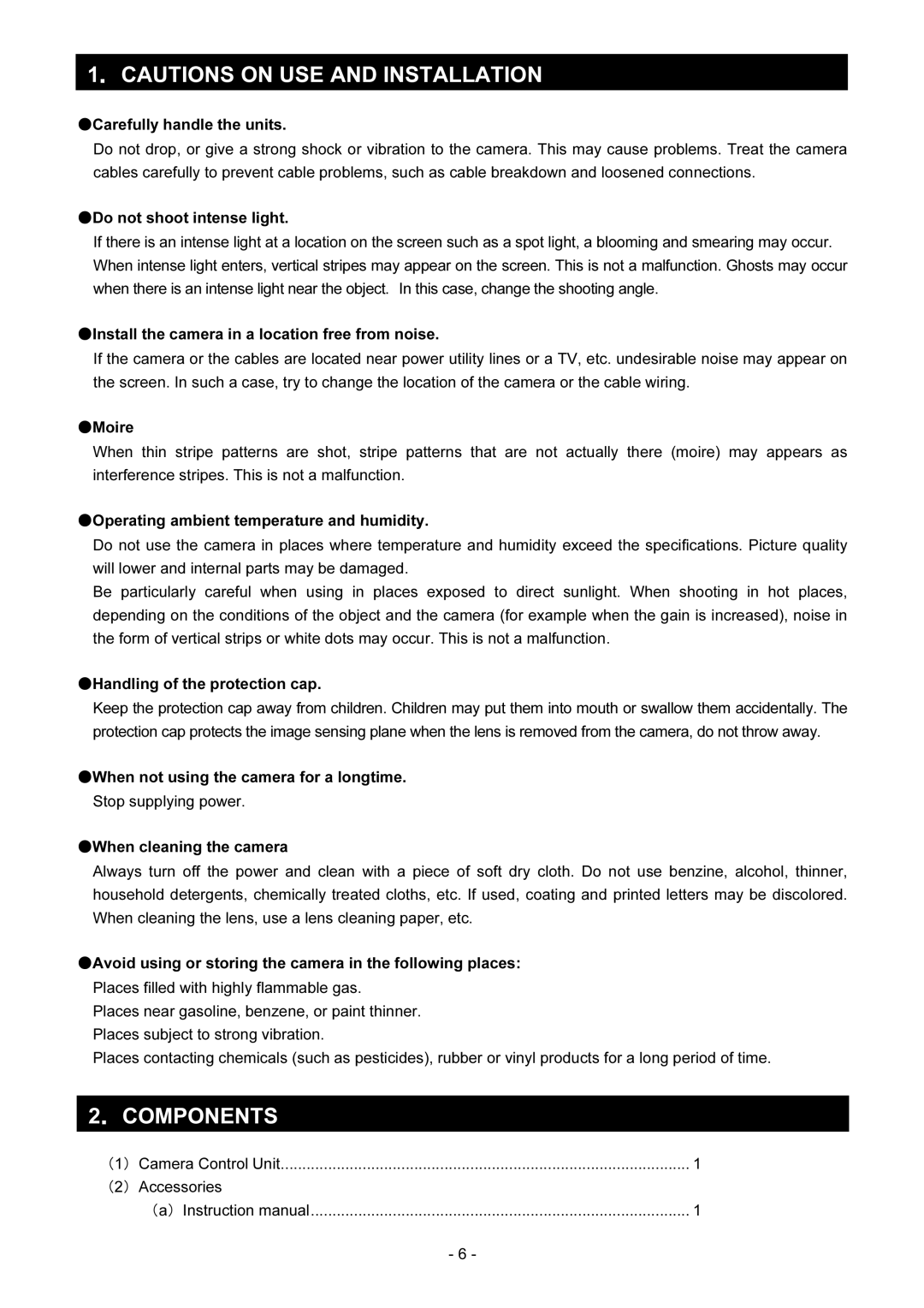 Toshiba IK-TF2 instruction manual 1CAUTIONS on USE and Installation, 2COMPONENTS 