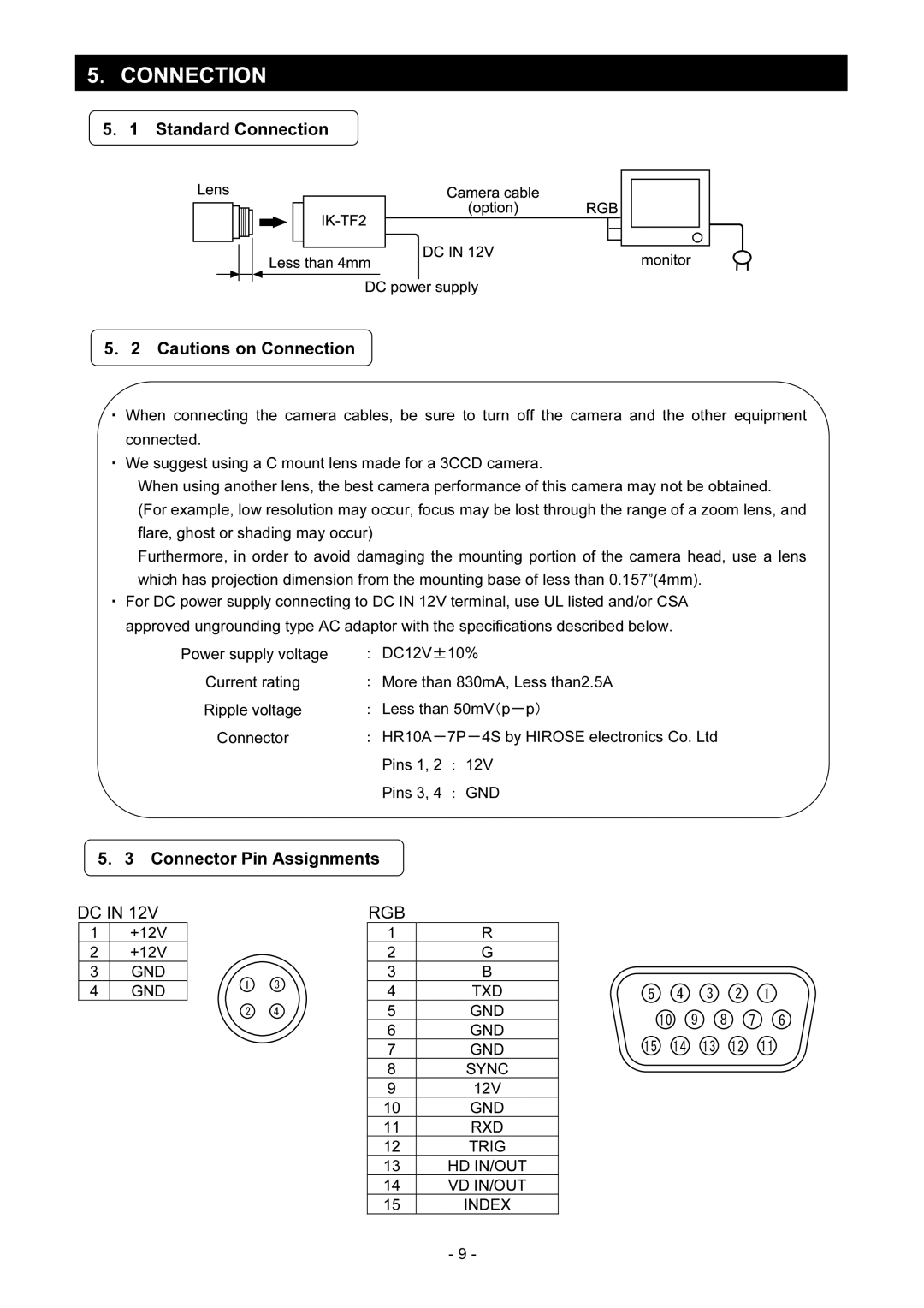 Toshiba IK-TF2 instruction manual 5CONNECTION, Standard Connection, Connector Pin Assignments 