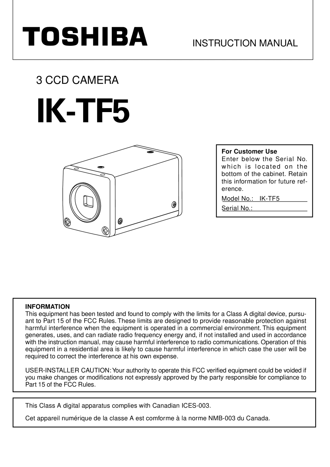 Toshiba IK-TF5 instruction manual For Customer Use 