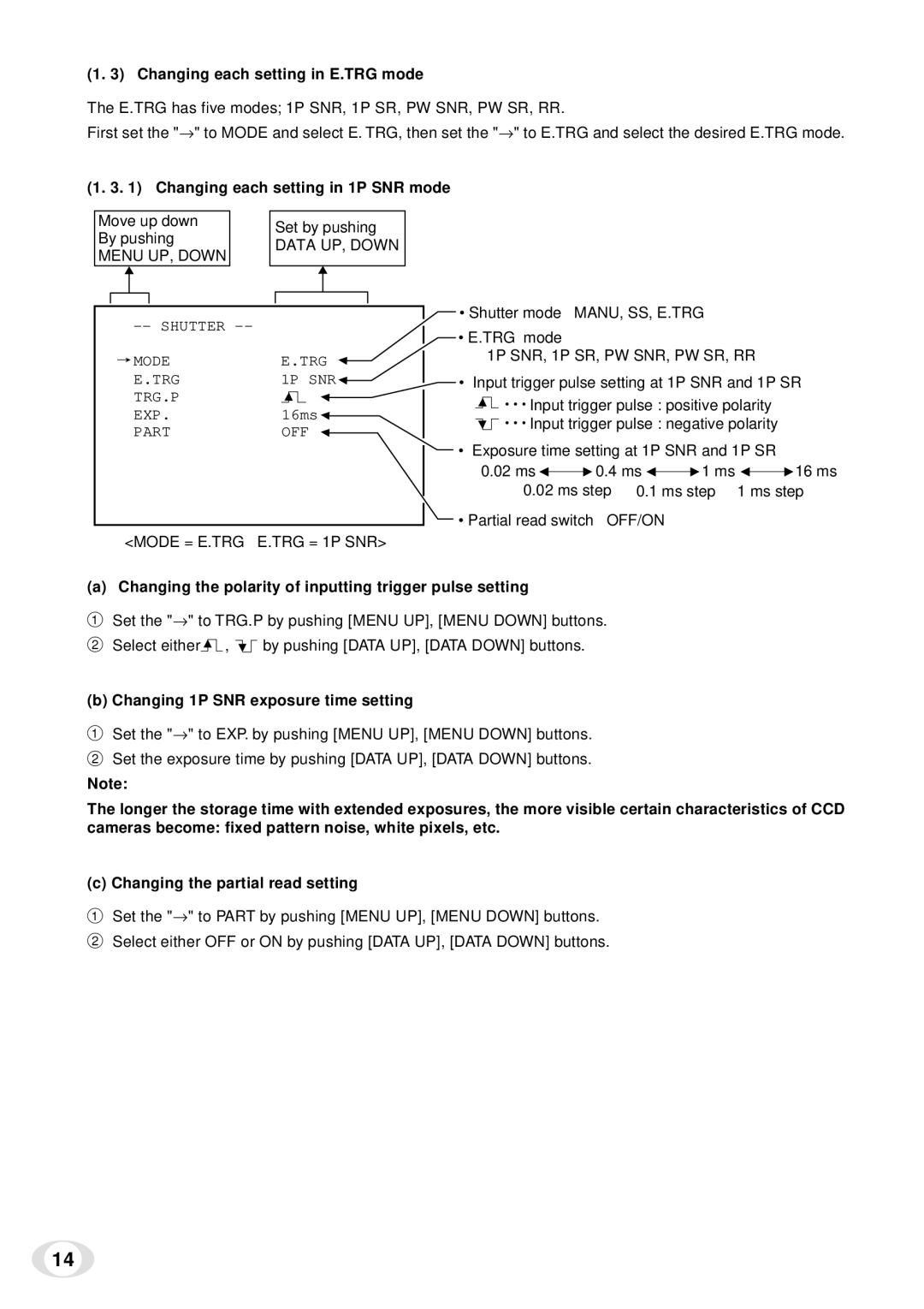 Toshiba IK-TF5 instruction manual Changing each setting in E.TRG mode, Changing each setting in 1P SNR mode 