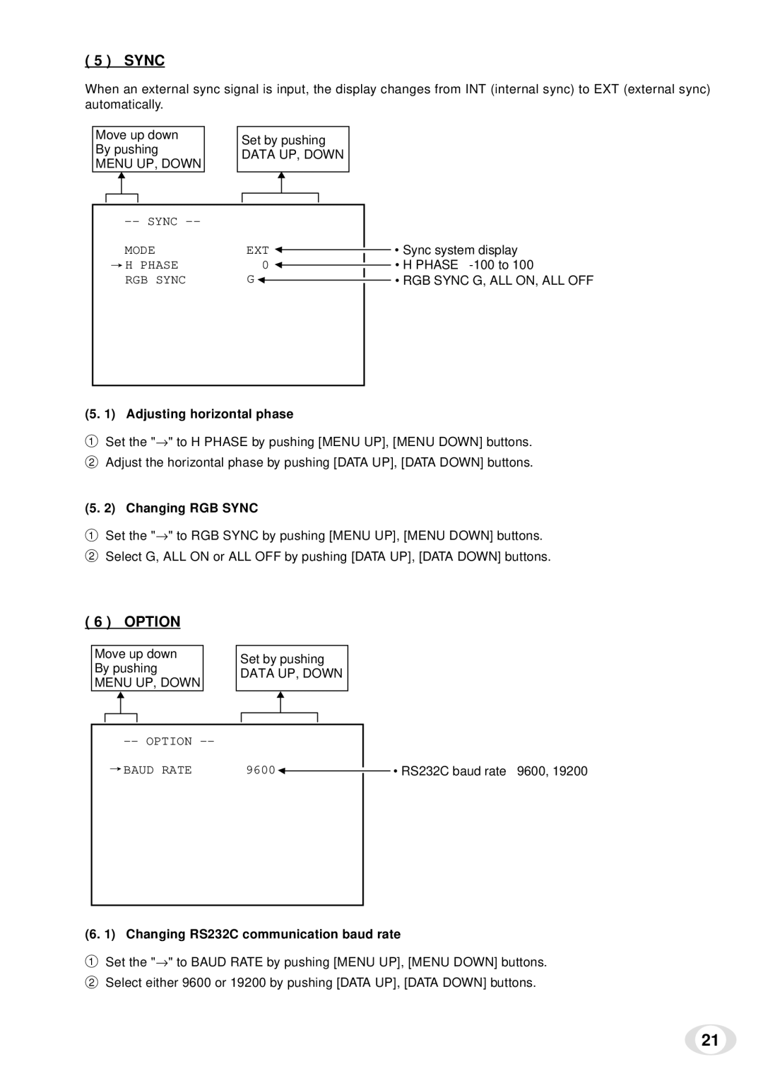 Toshiba IK-TF5 Option, Adjusting horizontal phase, Changing RGB Sync, Changing RS232C communication baud rate 