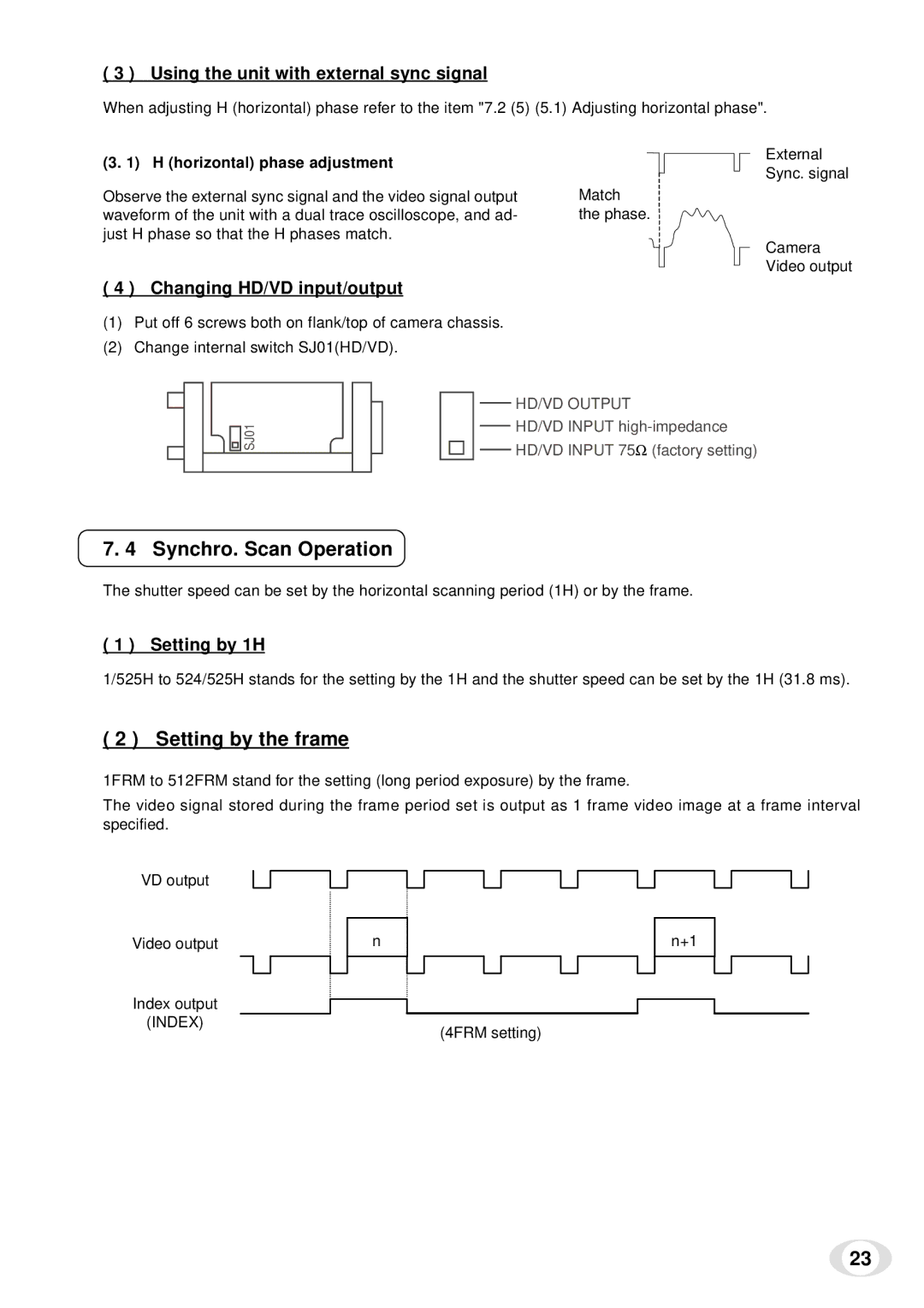 Toshiba IK-TF5 Synchro. Scan Operation, Setting by the frame, Using the unit with external sync signal, Setting by 1H 