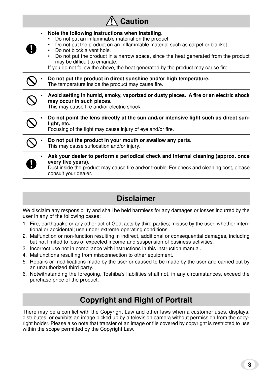 Toshiba IK-TF5 instruction manual Disclaimer, May occur in such places 