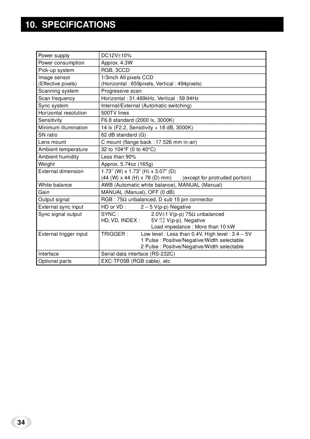 Toshiba IK-TF5 instruction manual Specifications, RGB, 3CCD 