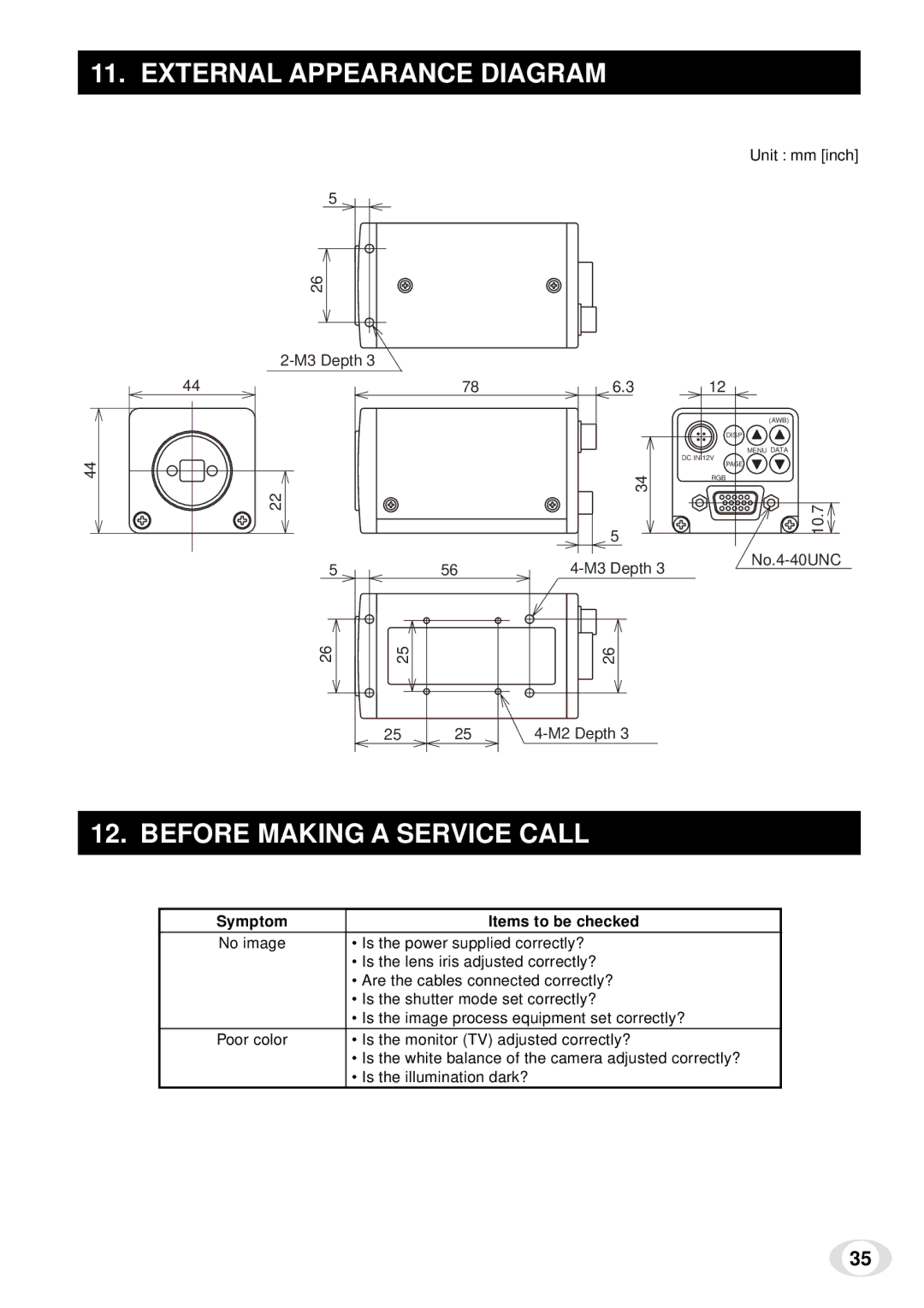 Toshiba IK-TF5 instruction manual External Appearance Diagram, Before Making a Service Call, Symptom Items to be checked 