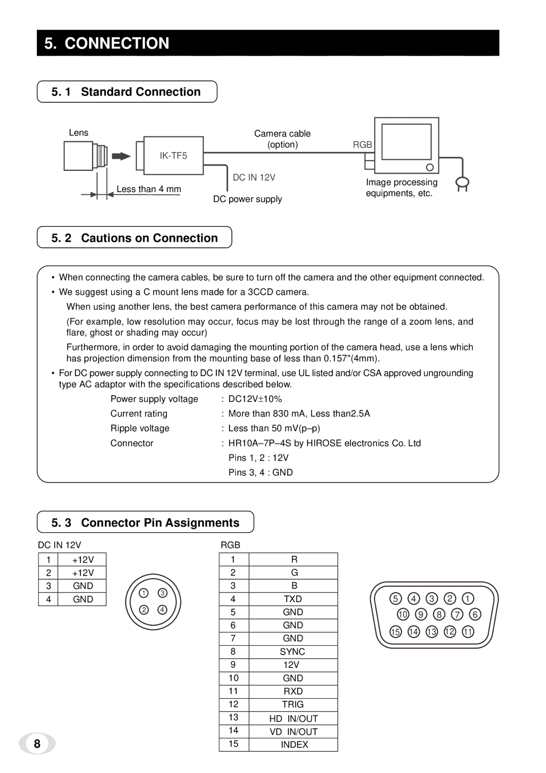 Toshiba IK-TF5 instruction manual Standard Connection, Connector Pin Assignments 