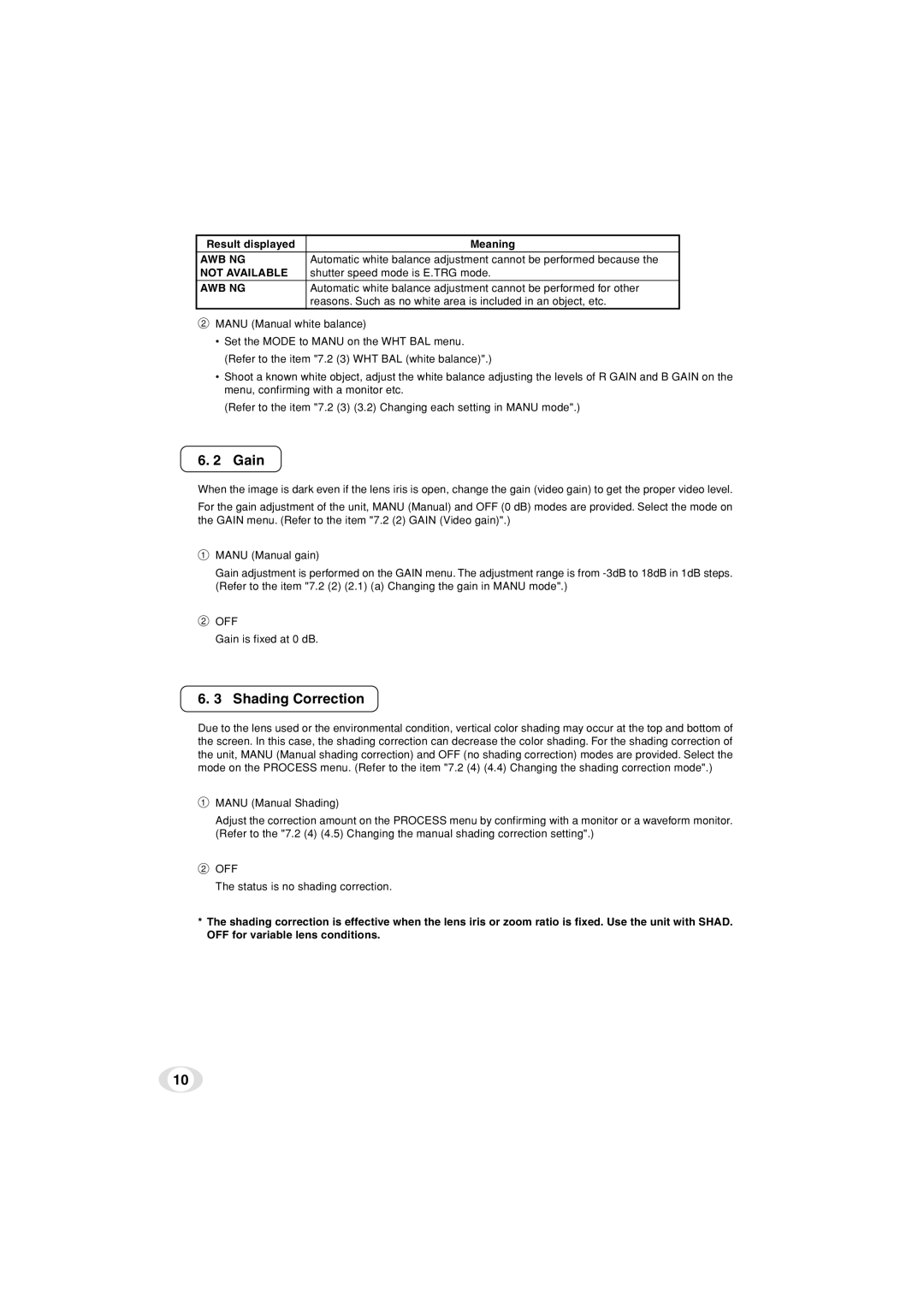 Toshiba IK-TF5C instruction manual Gain, Shading Correction, Shutter speed mode is E.TRG mode, Off 