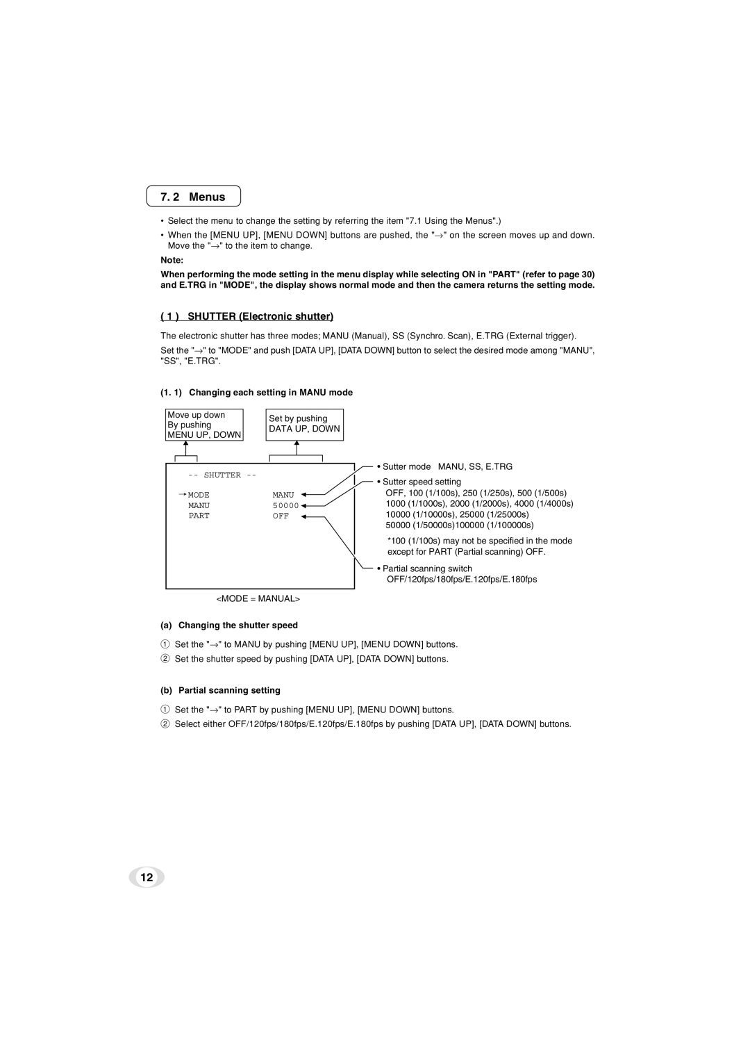 Toshiba IK-TF5C Menus, Shutter Electronic shutter, Changing each setting in Manu mode, Changing the shutter speed 