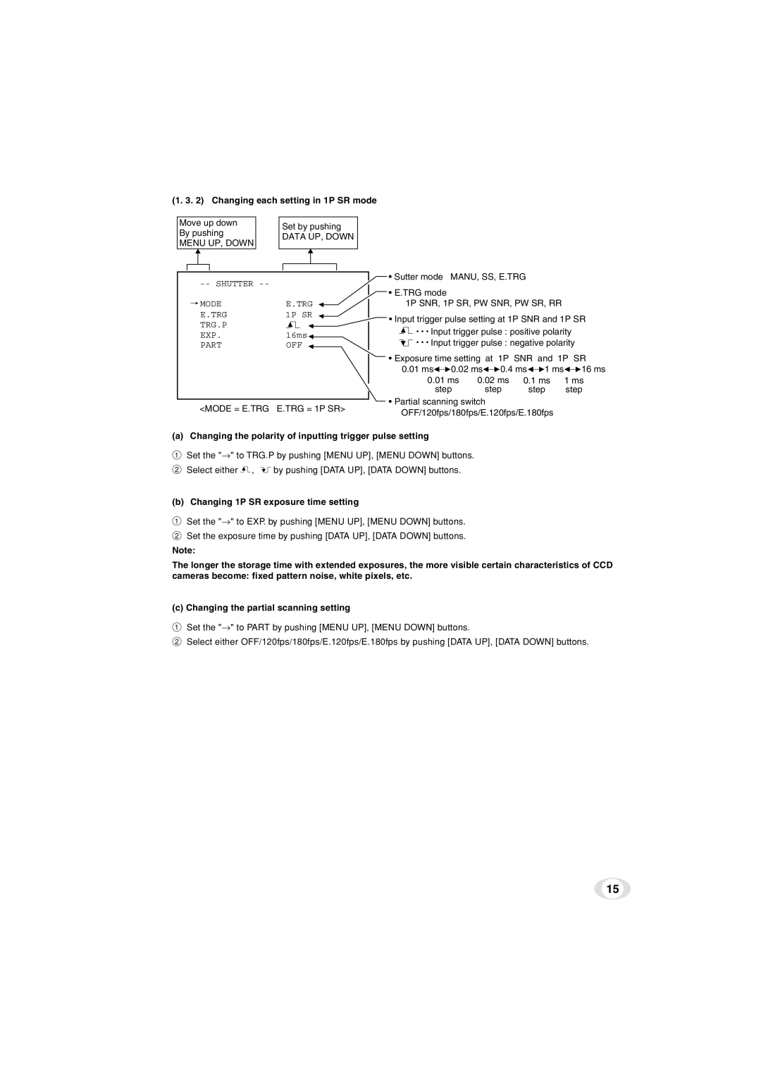 Toshiba IK-TF5C Changing each setting in 1P SR mode, Mode = E.TRG E.TRG = 1P SR, Changing 1P SR exposure time setting 