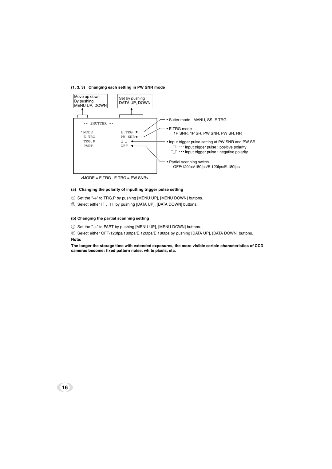 Toshiba IK-TF5C instruction manual Changing each setting in PW SNR mode, Mode = E.TRG E.TRG = PW SNR 