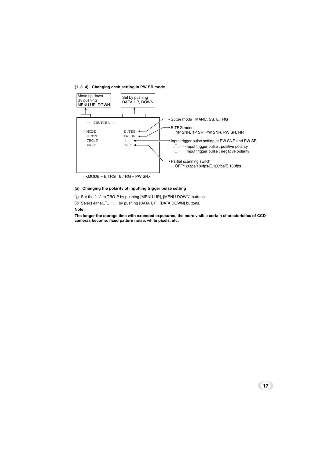 Toshiba IK-TF5C instruction manual Changing each setting in PW SR mode, Mode = E.TRG E.TRG = PW SR 