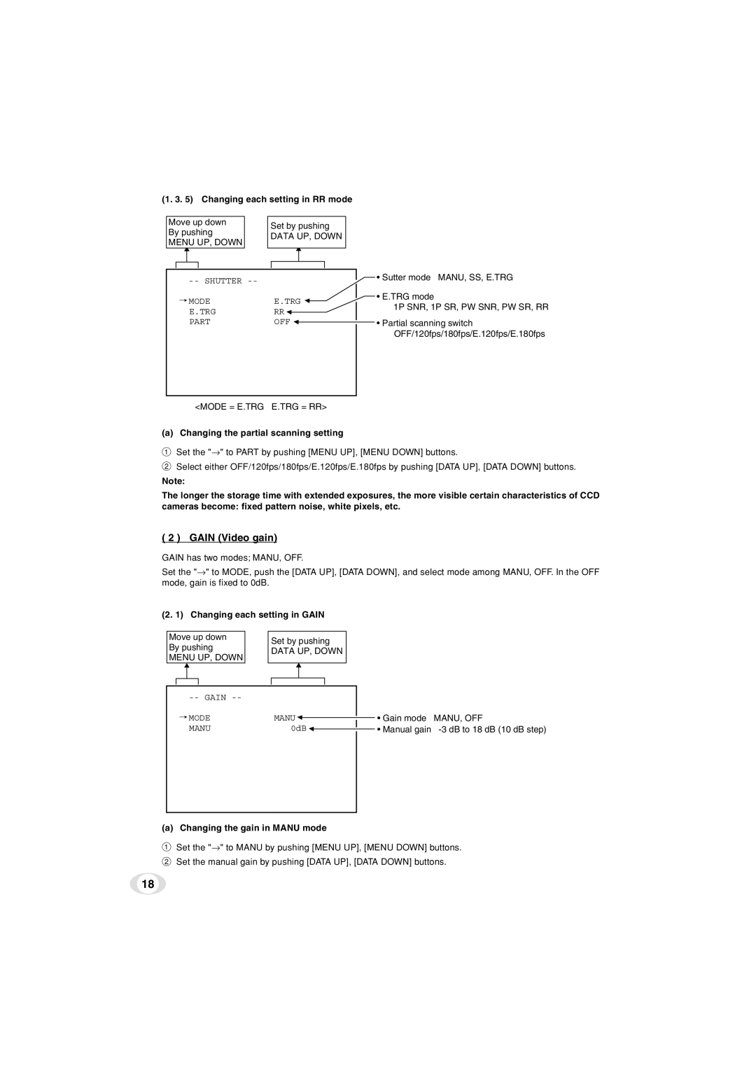 Toshiba IK-TF5C Gain Video gain, Changing each setting in RR mode, Mode = E.TRG E.TRG = RR, Changing each setting in Gain 