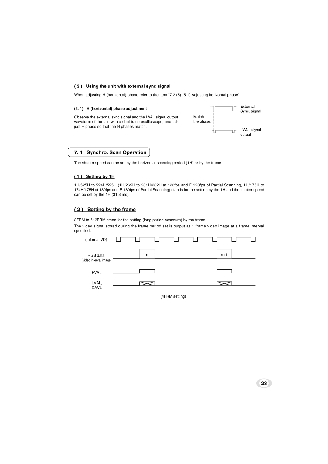 Toshiba IK-TF5C Synchro. Scan Operation, Setting by the frame, Using the unit with external sync signal, Setting by 1H 