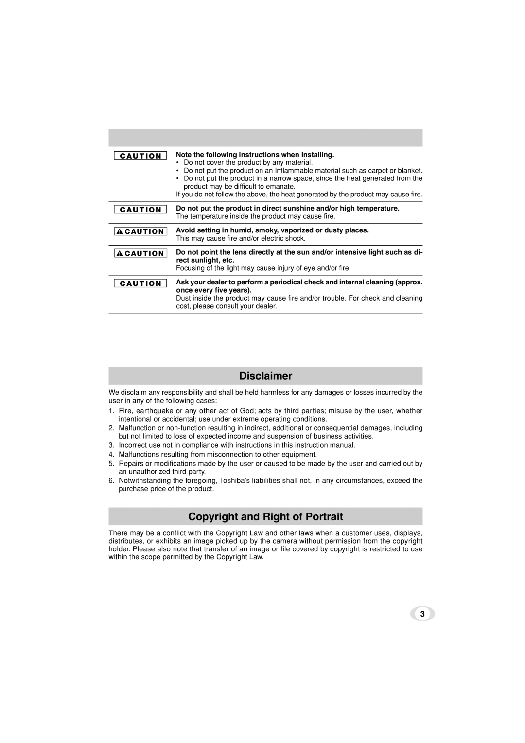 Toshiba IK-TF5C instruction manual Disclaimer, Avoid setting in humid, smoky, vaporized or dusty places 