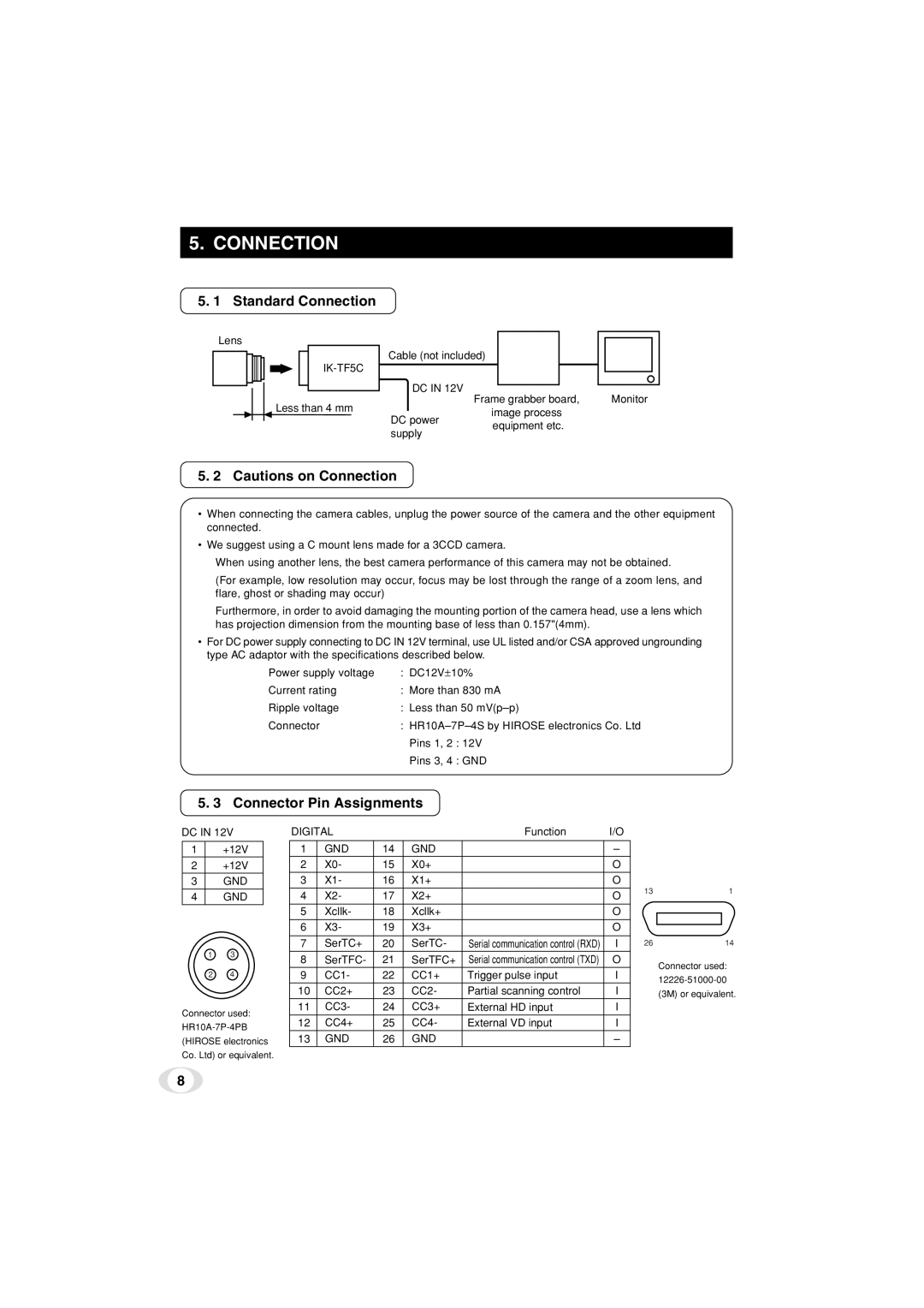 Toshiba IK-TF5C instruction manual Standard Connection, Connector Pin Assignments 