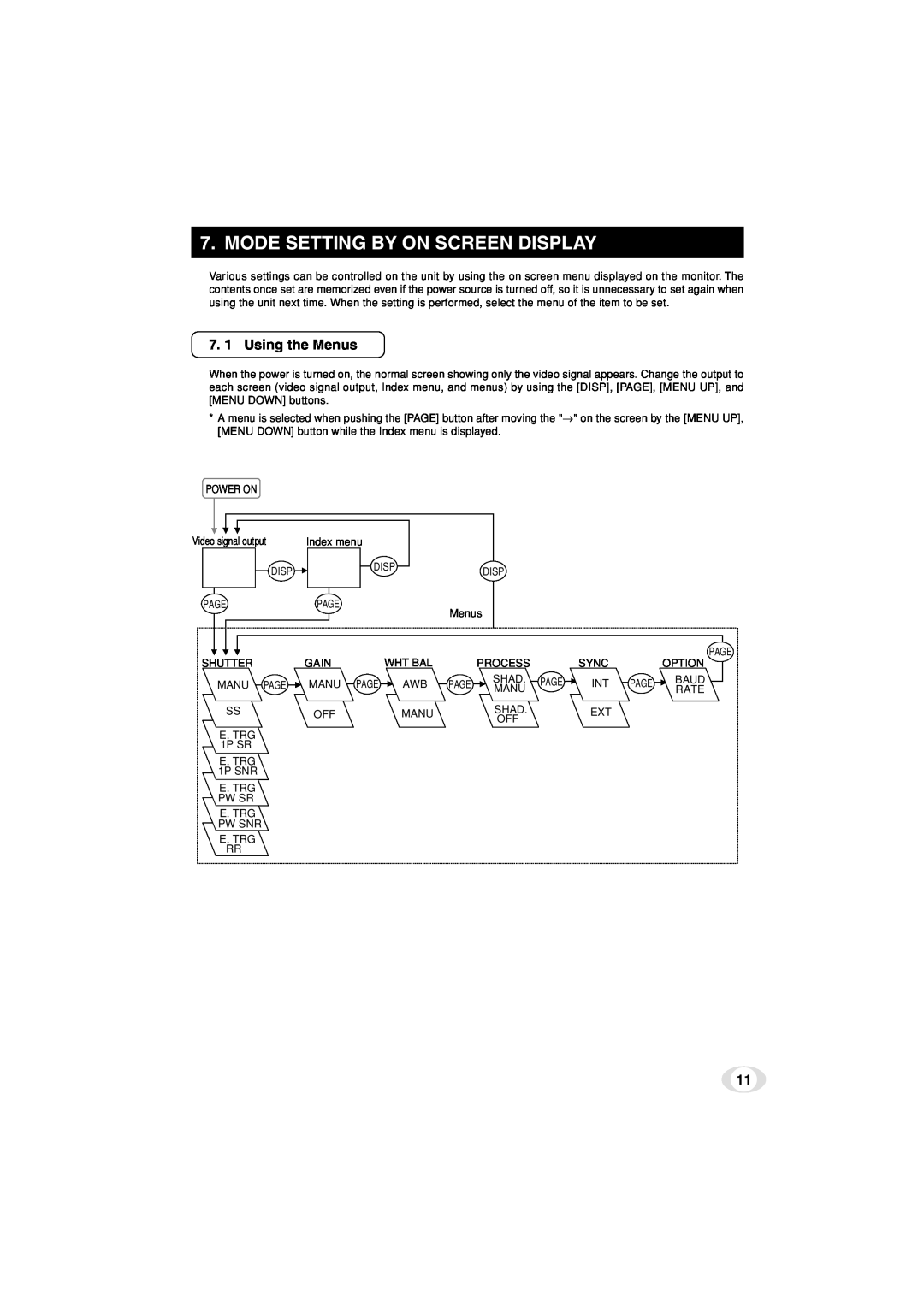 Toshiba IK-TF5C instruction manual Mode Setting By On Screen Display, 7. 1 Using the Menus 