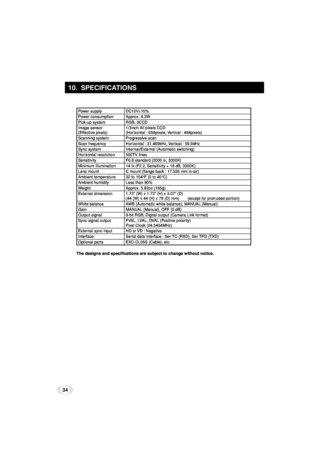 Toshiba IK-TF5C instruction manual Specifications, The designs and specifications are subject to change without notice 