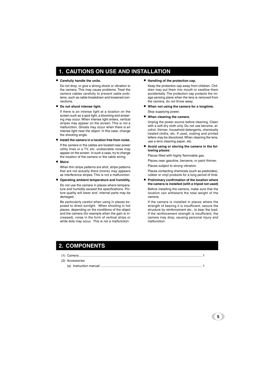 Toshiba IK-TF5C instruction manual Cautions On Use And Installation, Components 
