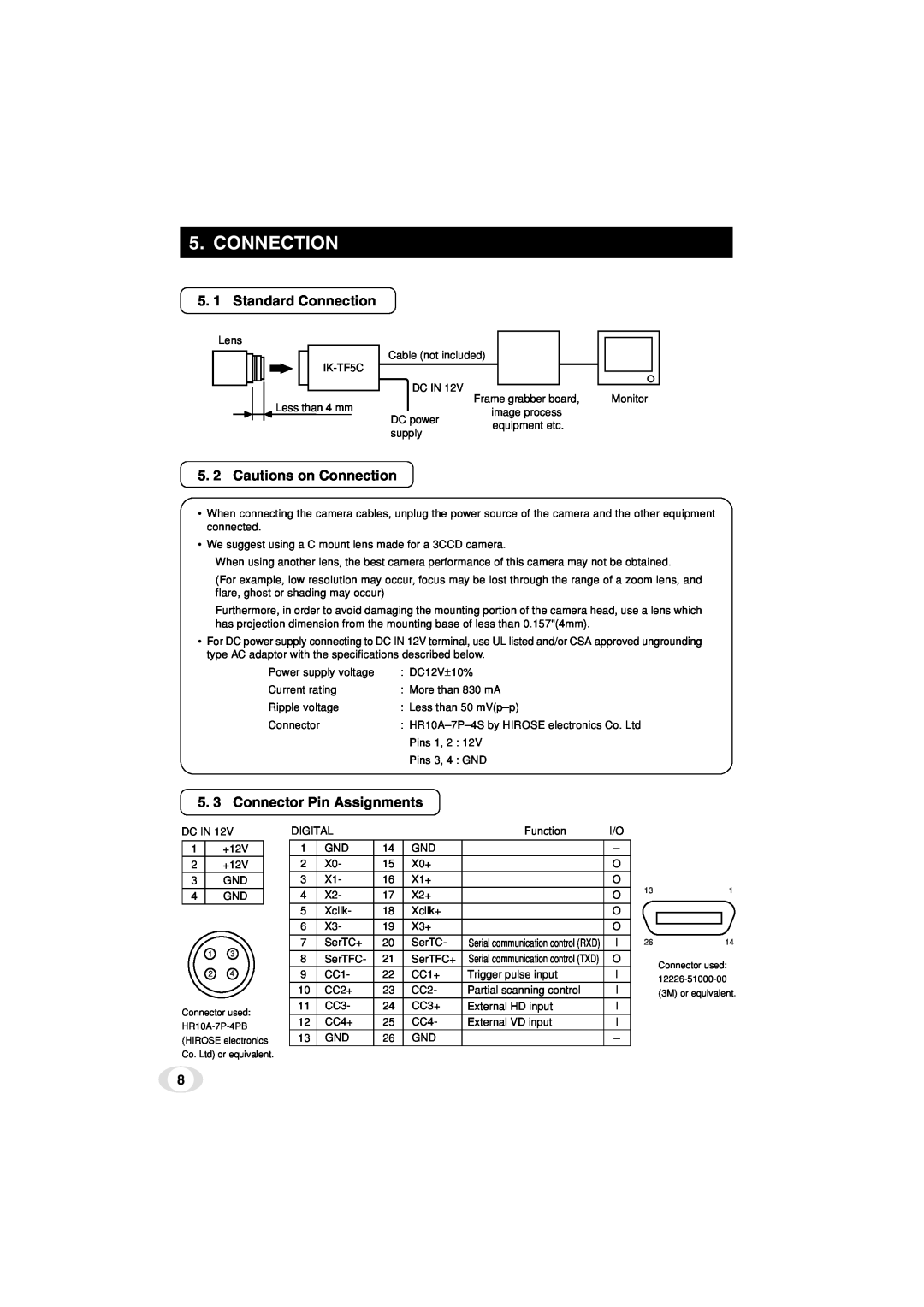 Toshiba IK-TF5C 5. 1 Standard Connection, 5. 2 Cautions on Connection, 5. 3 Connector Pin Assignments 
