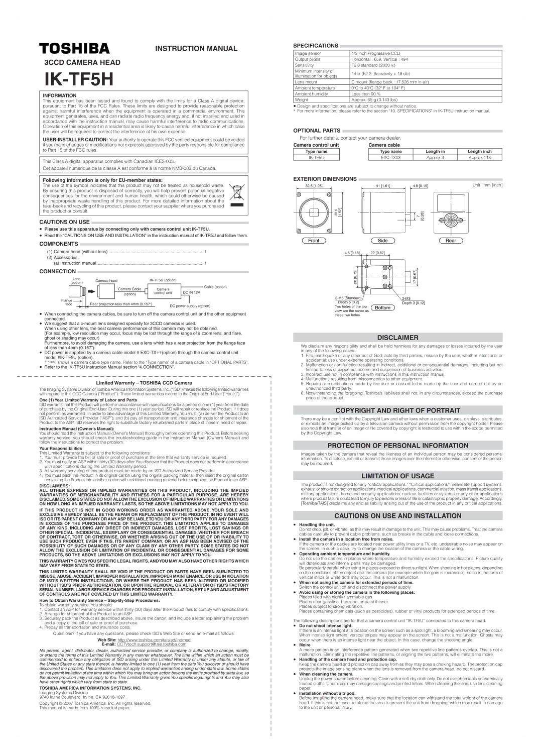 Toshiba IK-TF5H specifications Disclaimer, Copyright and Right of Portrait, Protection of Personal Information 