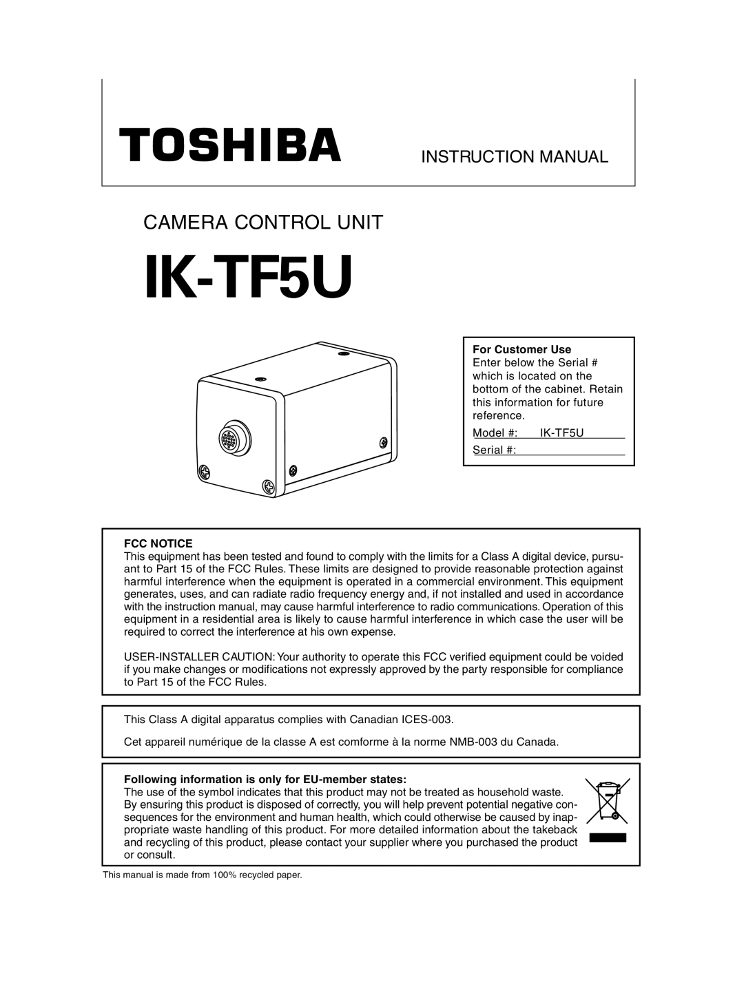 Toshiba IK-TF5U instruction manual Following information is only for EU-member states 