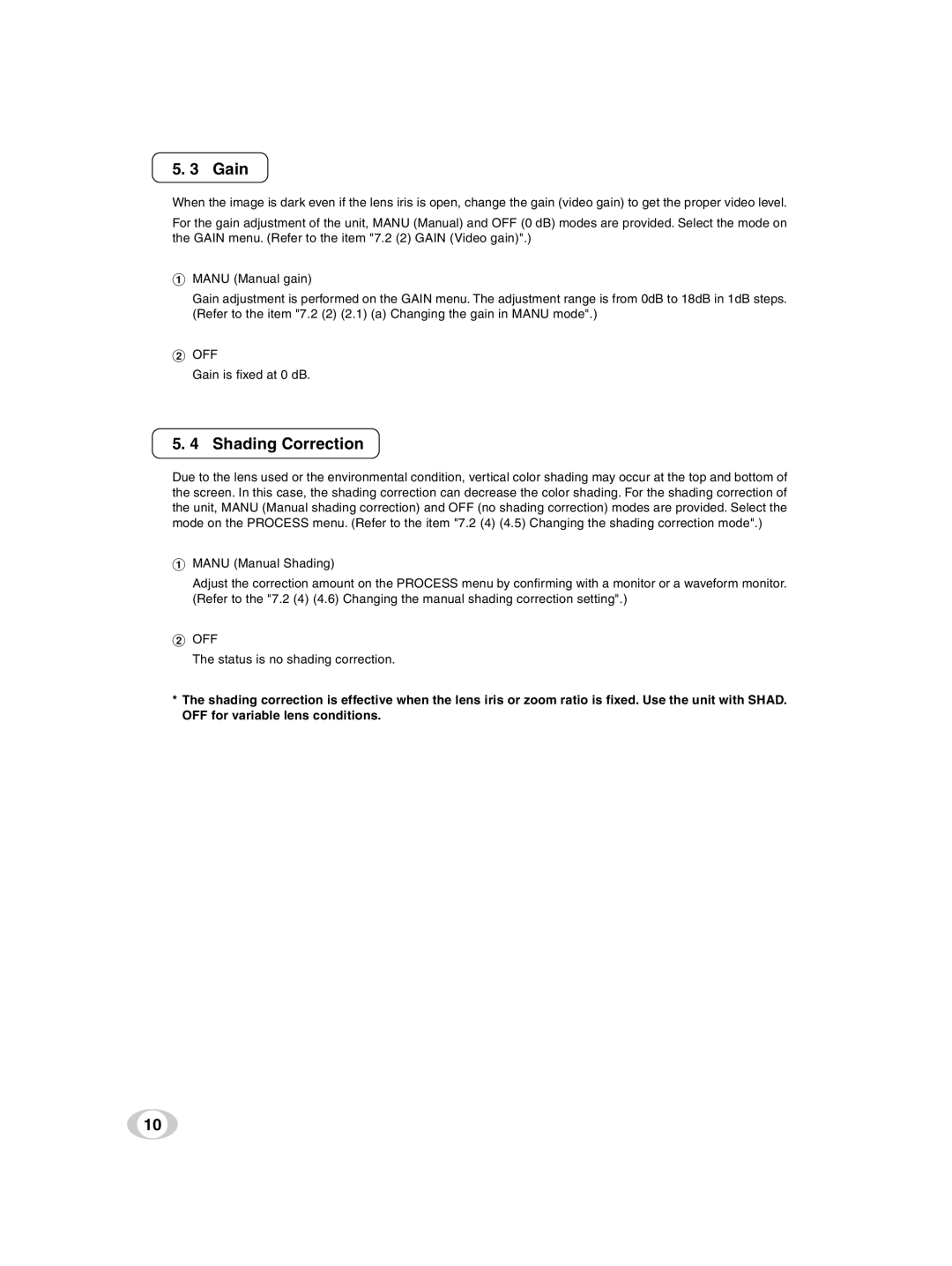 Toshiba IK-TF5U instruction manual Gain, Shading Correction, Off 