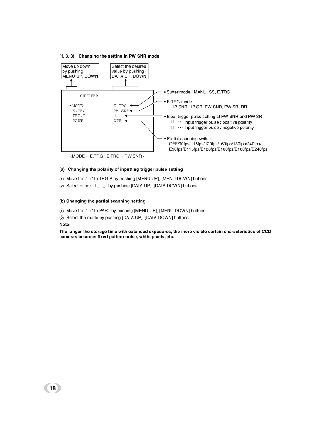 Toshiba IK-TF5U instruction manual Changing the setting in PW SNR mode, Mode = E.TRG E.TRG = PW SNR 