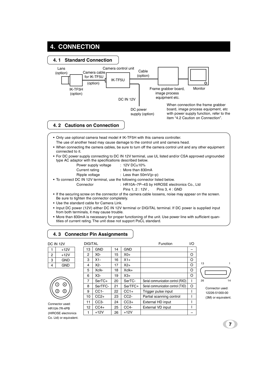 Toshiba IK-TF5U instruction manual Standard Connection, Connector Pin Assignments 