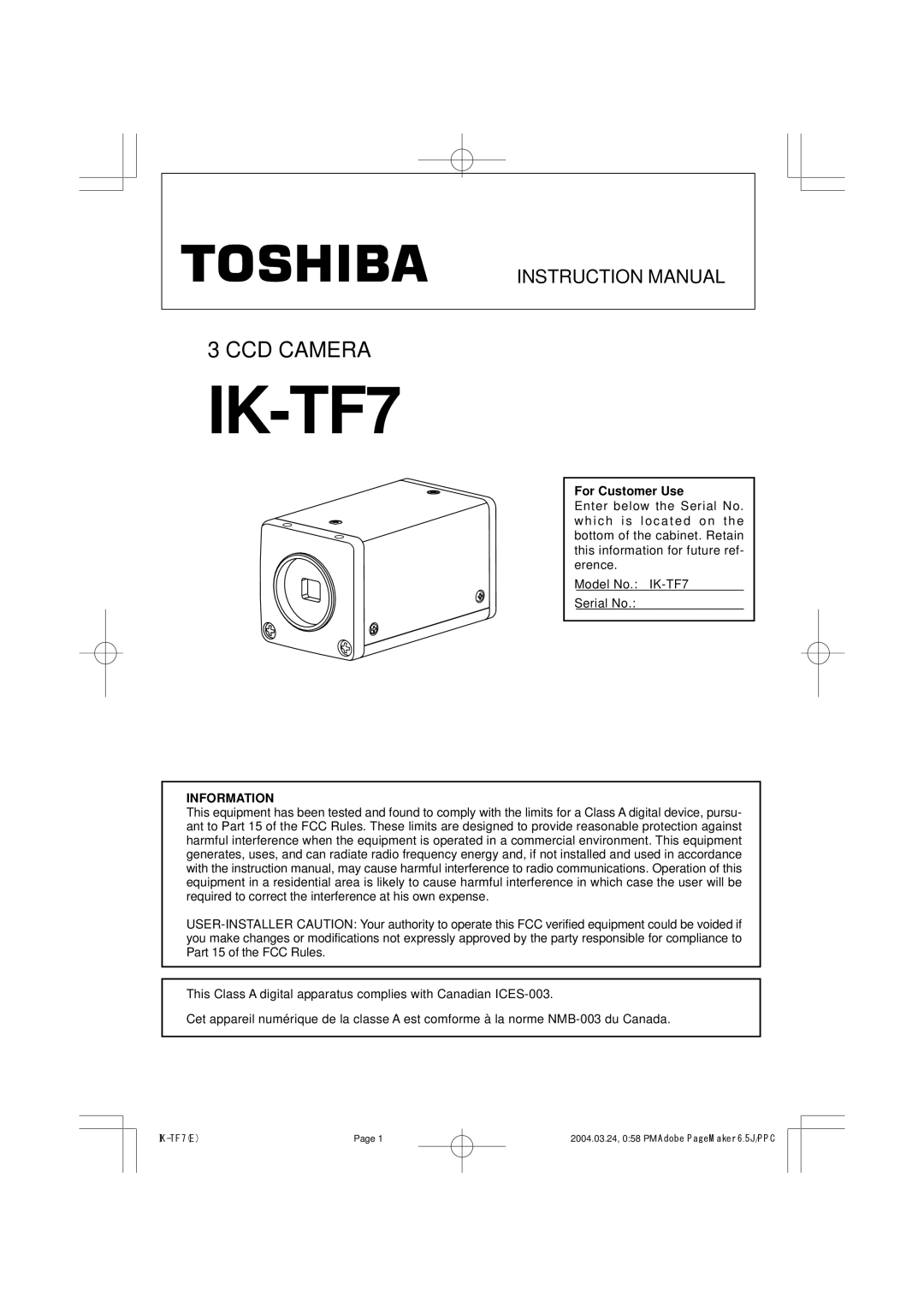 Toshiba IK-TF7 instruction manual For Customer Use 