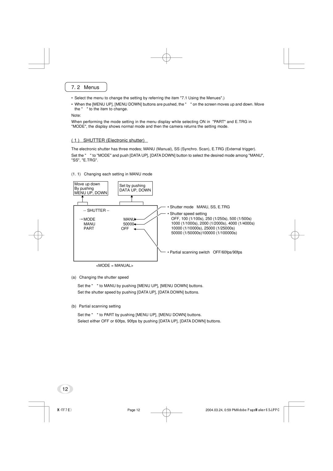 Toshiba IK-TF7 Menus, Shutter Electronic shutter, Changing each setting in Manu mode, Changing the shutter speed 