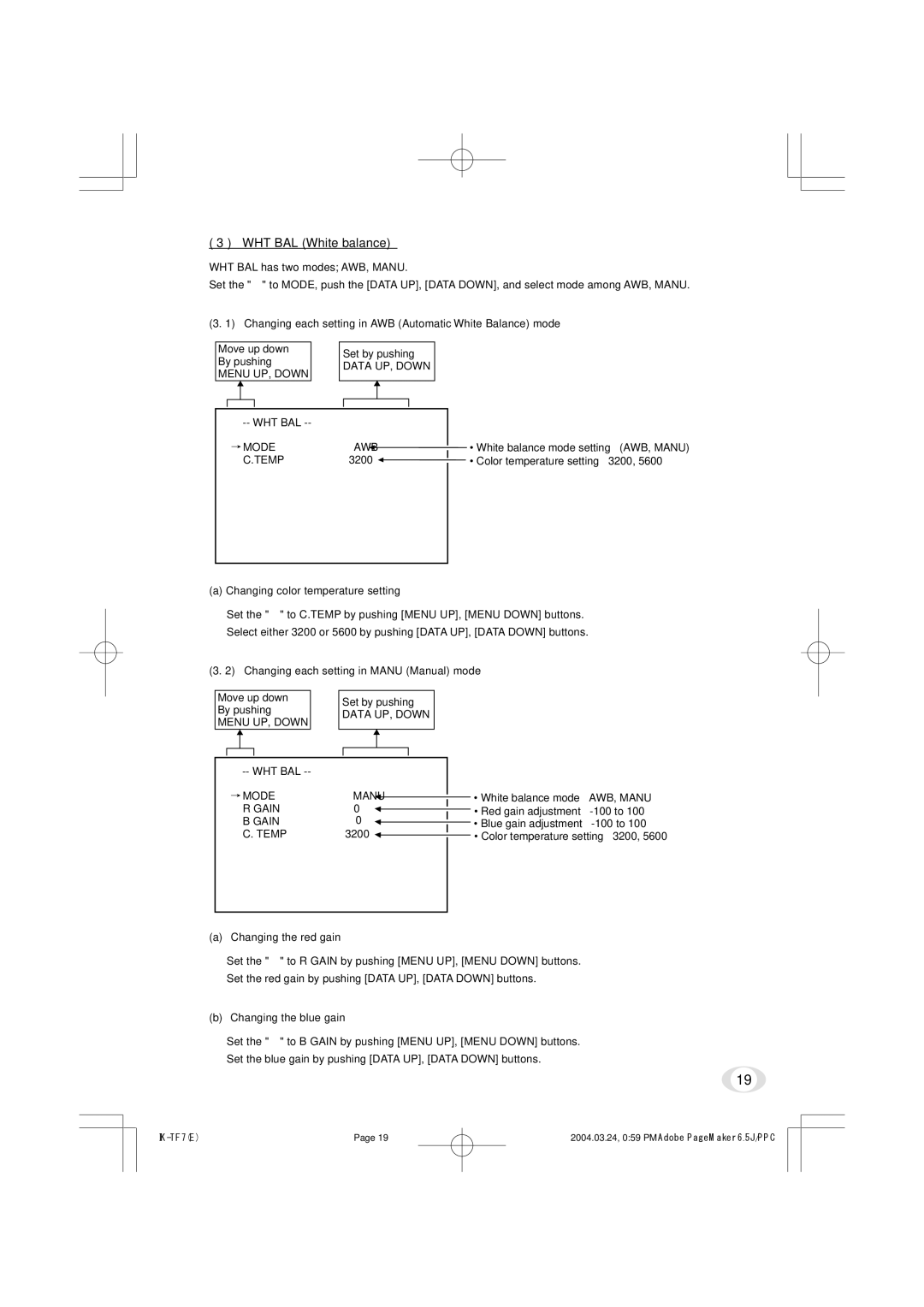 Toshiba IK-TF7 instruction manual WHT BAL White balance 