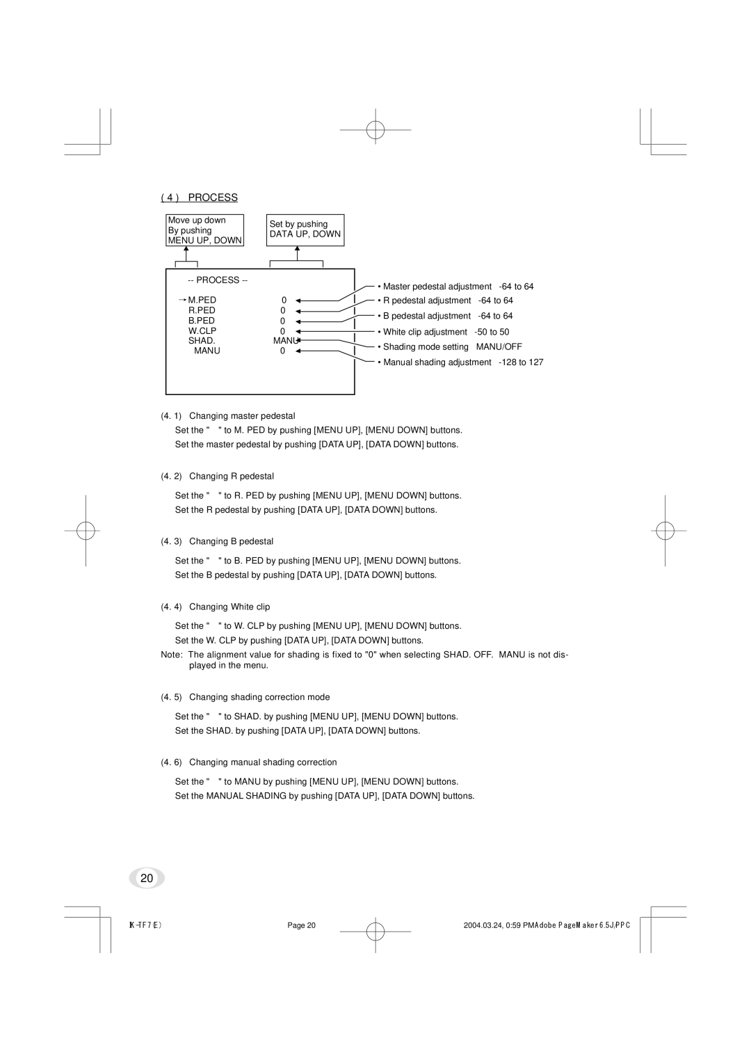 Toshiba IK-TF7 instruction manual Changing master pedestal, Changing R pedestal, Changing B pedestal, Changing White clip 