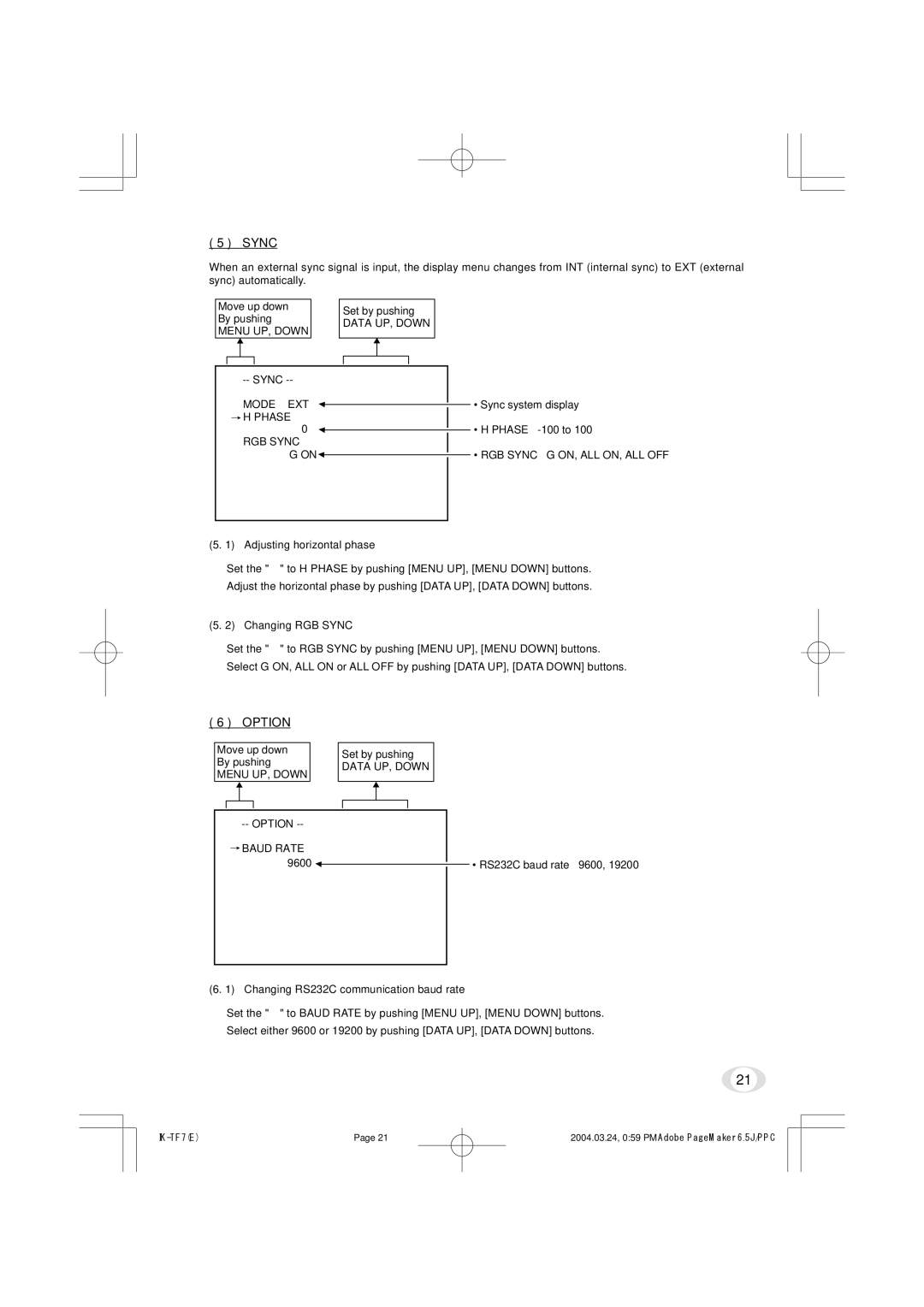 Toshiba IK-TF7 Option, Adjusting horizontal phase, Changing RGB Sync, Changing RS232C communication baud rate 